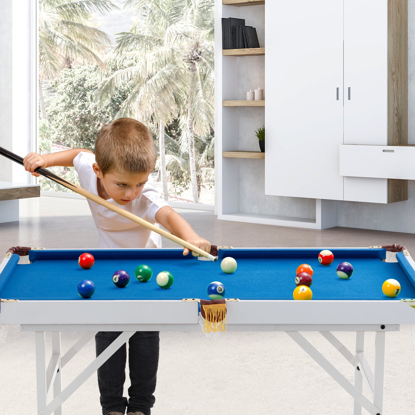 47 Inch Folding Billiard Table with Cues and Brush Chalk-Blue Kids Crystal