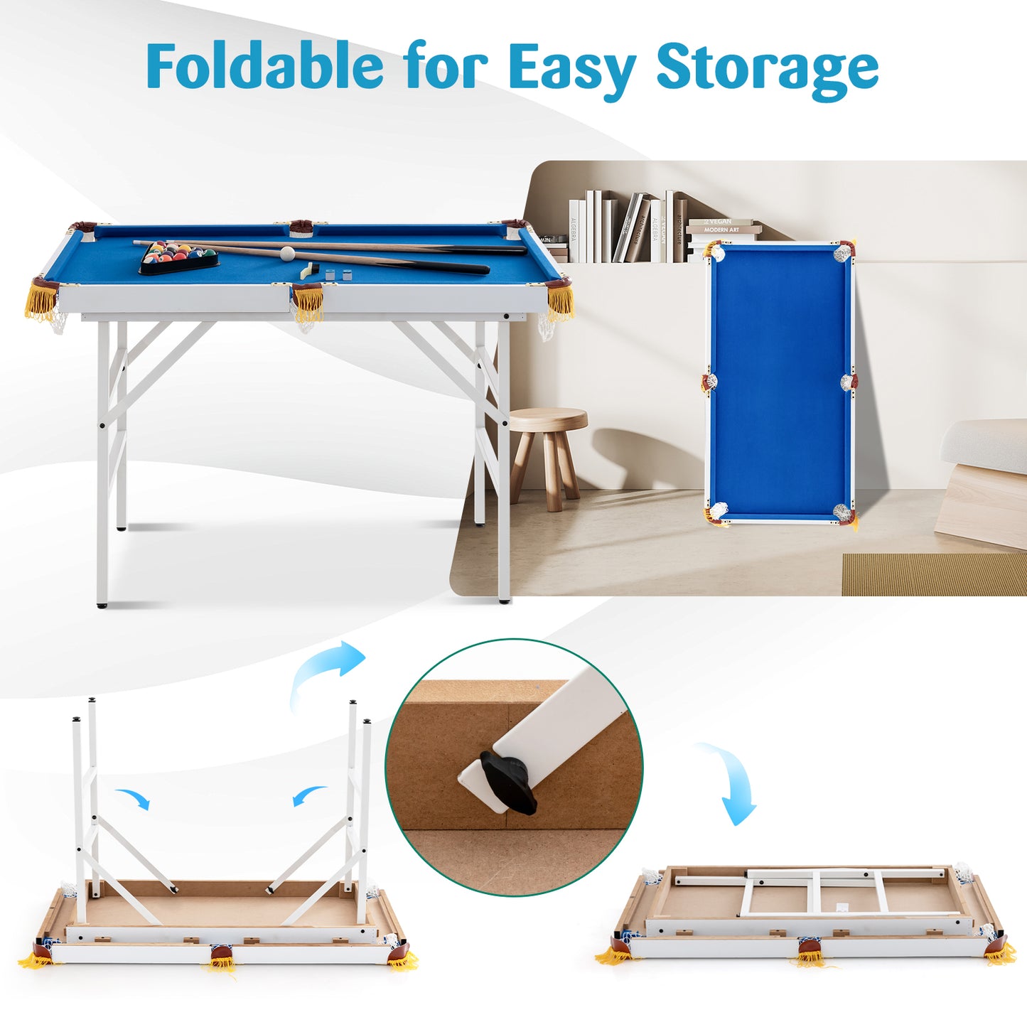 47 Inch Folding Billiard Table with Cues and Brush Chalk-Blue Kids Crystal