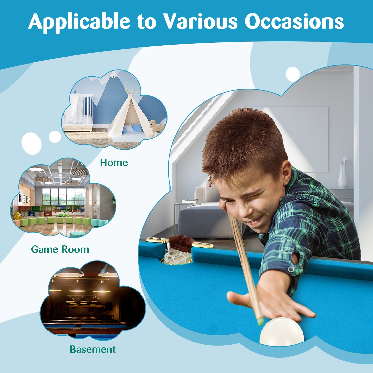 47 Inch Folding Billiard Table with Cues and Brush Chalk-Blue Kids Crystal