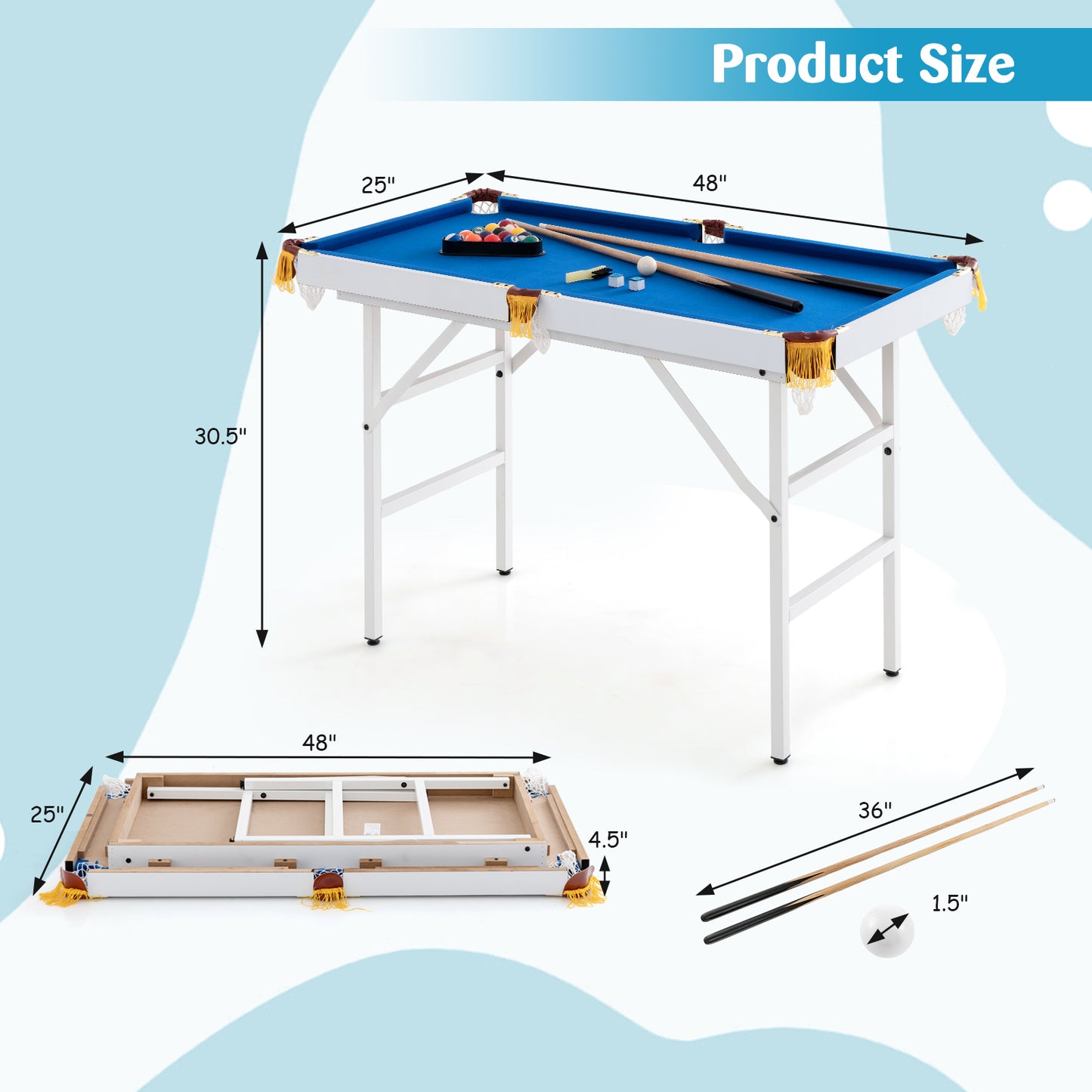 47 Inch Folding Billiard Table with Cues and Brush Chalk-Blue Kids Crystal