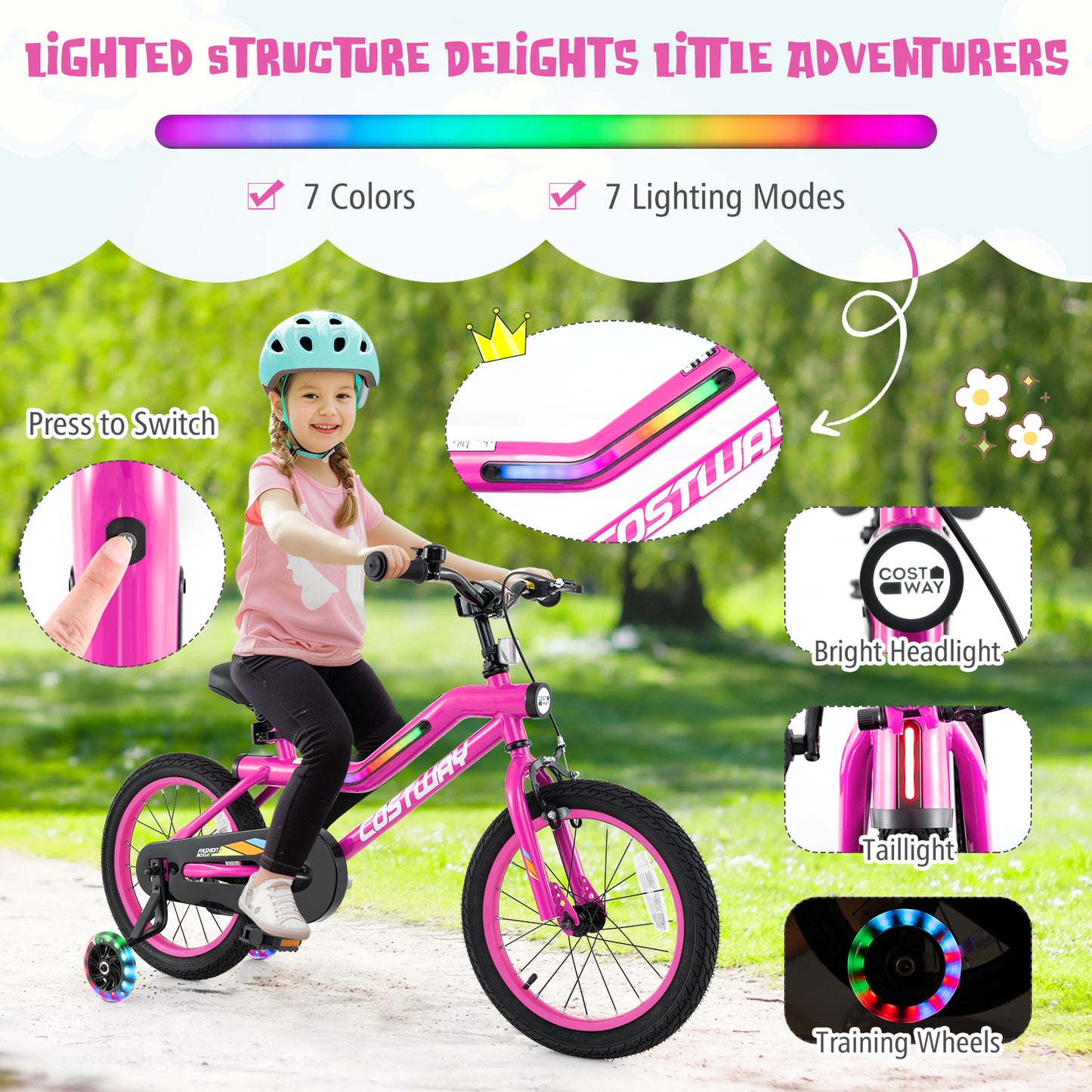 16 Inch LED Lighted Kids Bike with Training Wheels and Headlight for Ages 4-7 Years-16 inches Kids Crystal