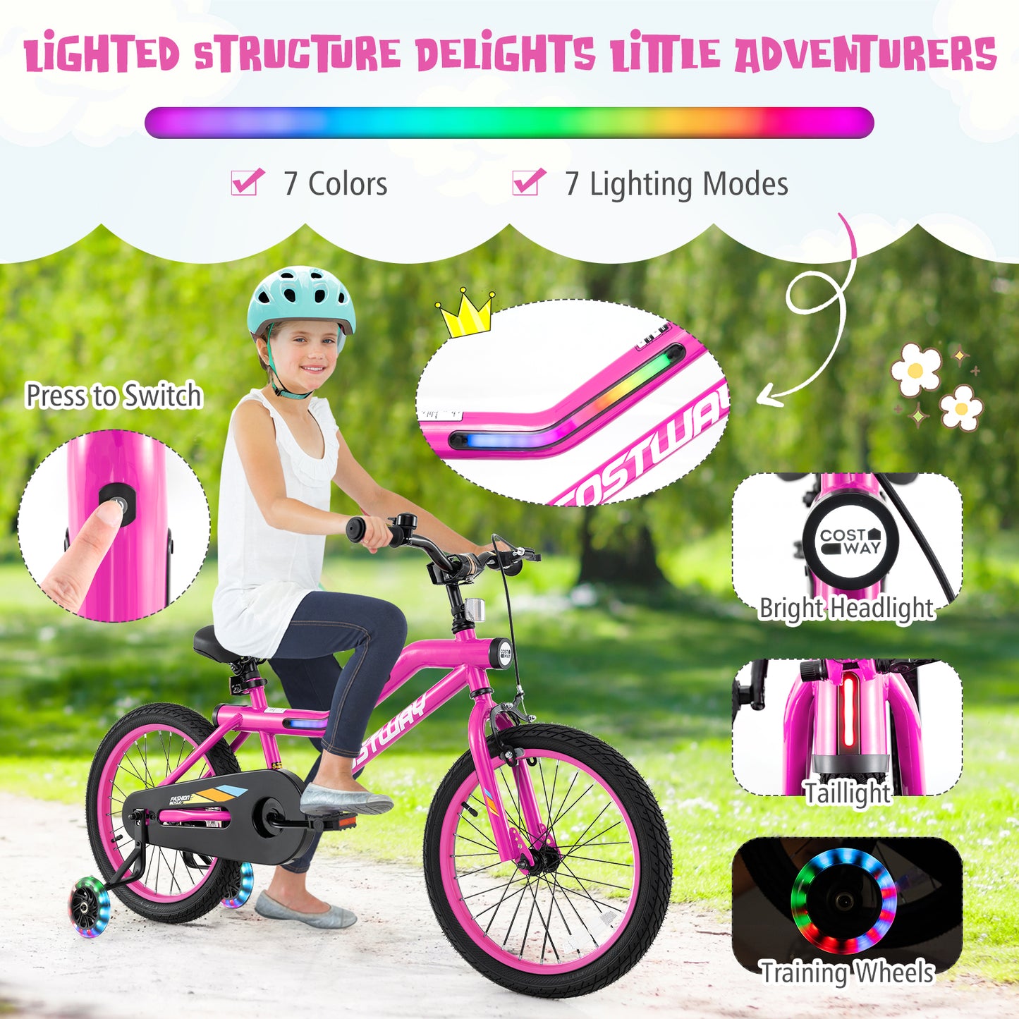 18 Inch LED Lighted Kids Bike with Training Wheels and Headlight for Ages 4-8 Years-18 inches Kids Crystal