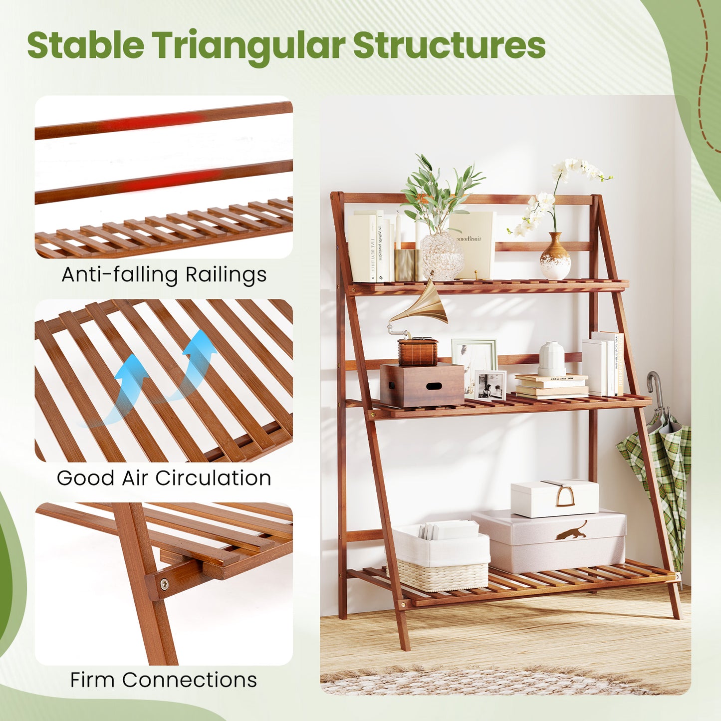 3-Tier Bamboo Ladder Shelf Foldable Plant Flower Bookshelf-Brown Kids Crystal