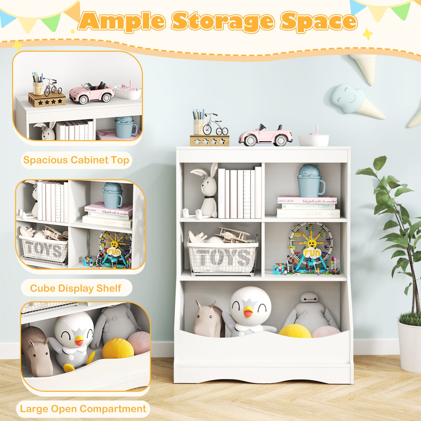 3-Tier Children's Multi-Functional Bookcase Toy Storage Bin Floor Cabinet-White Kids Crystal