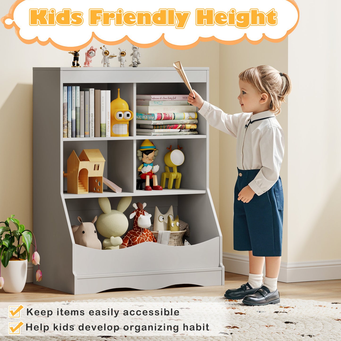 3-Tier Children's Multi-Functional Bookcase Toy Storage Bin Floor Cabinet-Gray Kids Crystal