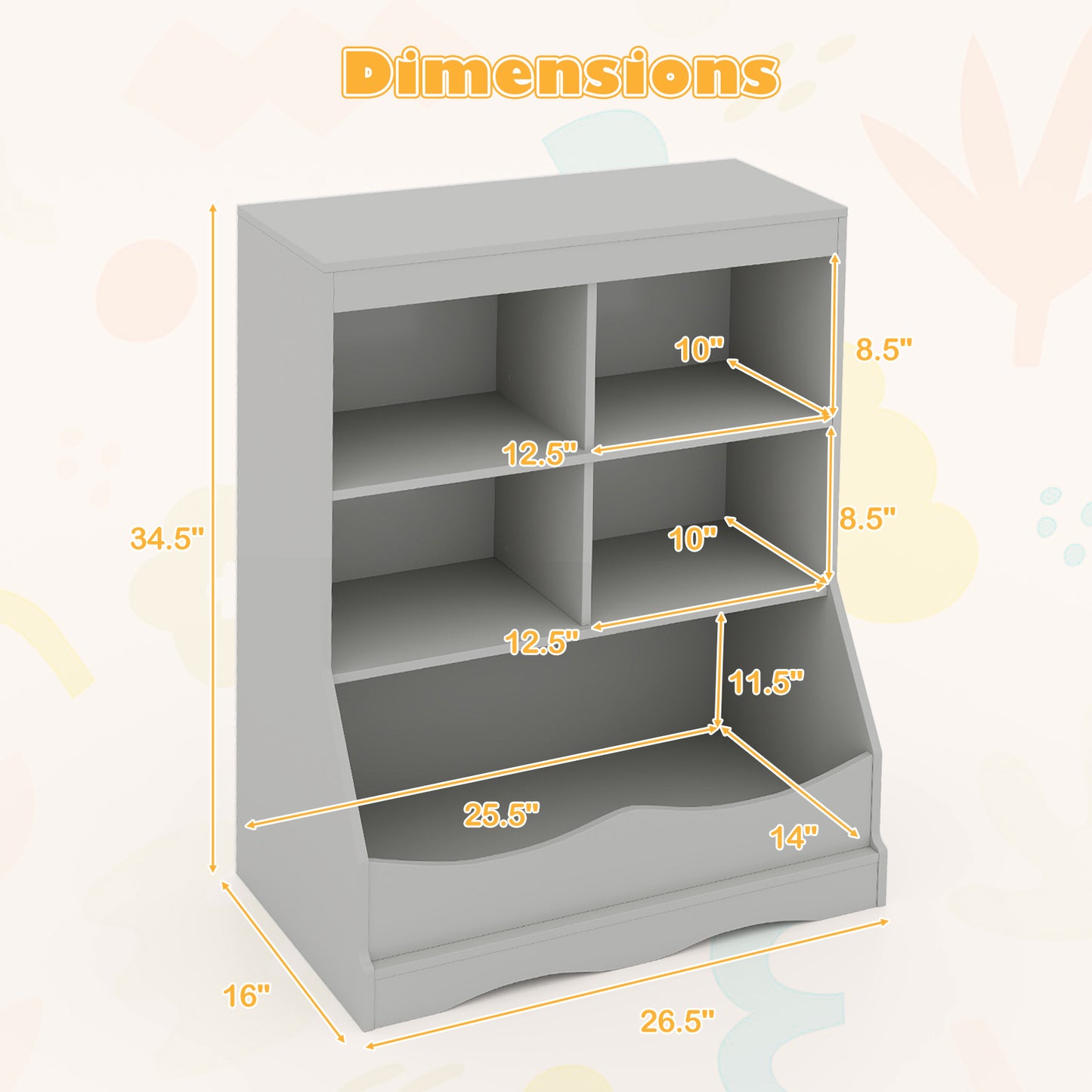 3-Tier Children's Multi-Functional Bookcase Toy Storage Bin Floor Cabinet-Gray Kids Crystal