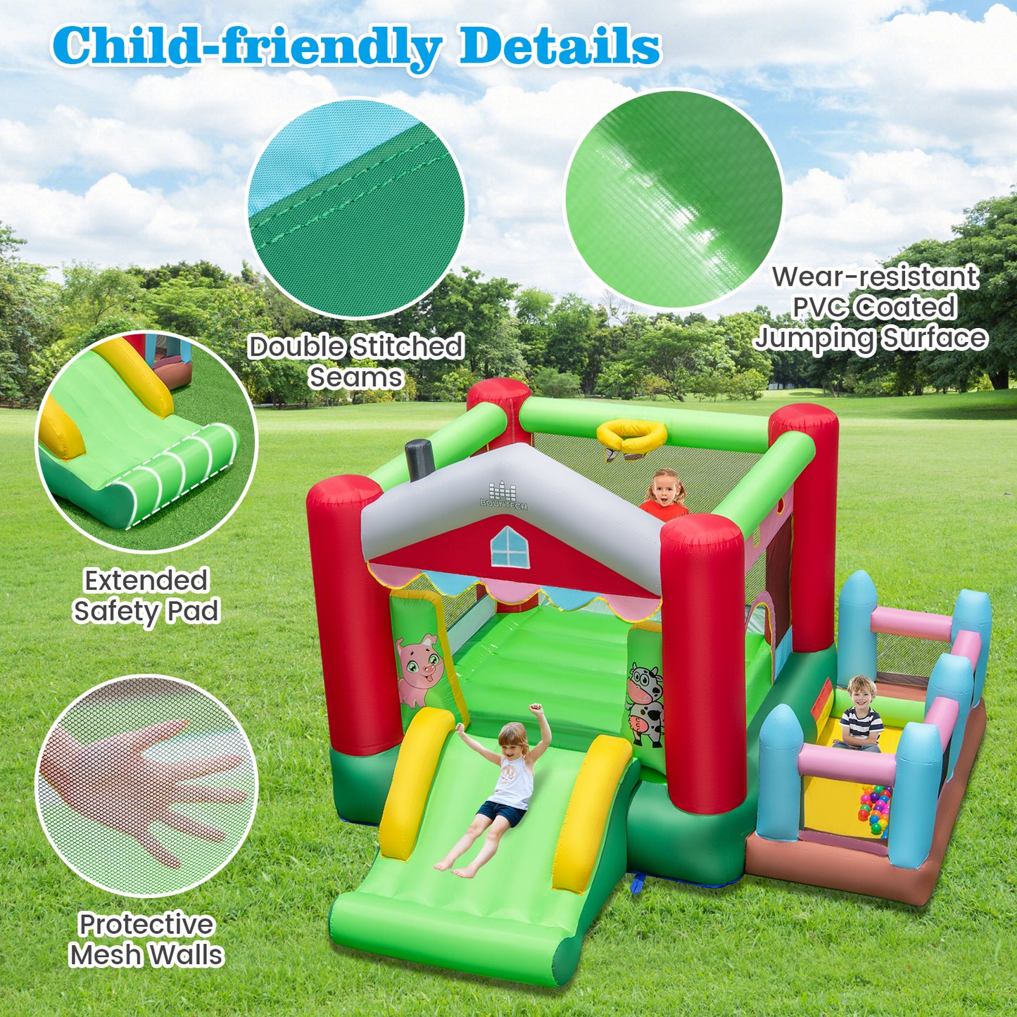 4-in-1 Inflatable Bounce House with Basketball Hoop and 480W Blower Kids Crystal