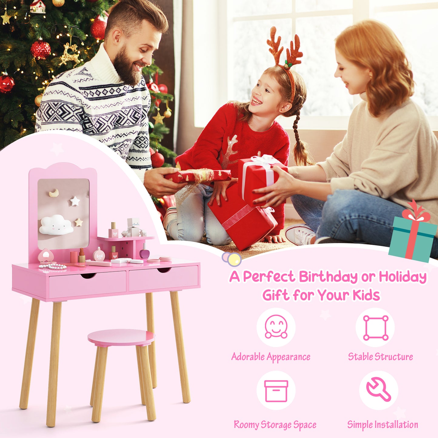 Kid Vanity Table Chair Set with Mirror and 2 Large Storage Drawers-Pink Kids Crystal