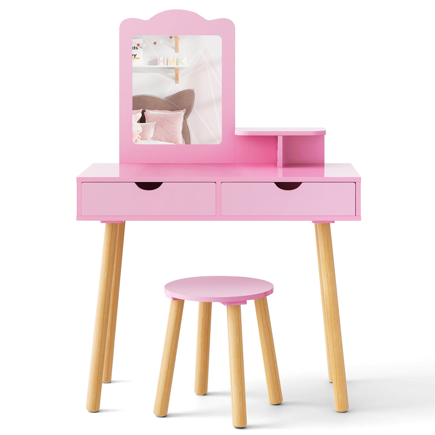 Kid Vanity Table Chair Set with Mirror and 2 Large Storage Drawers-Pink Kids Crystal