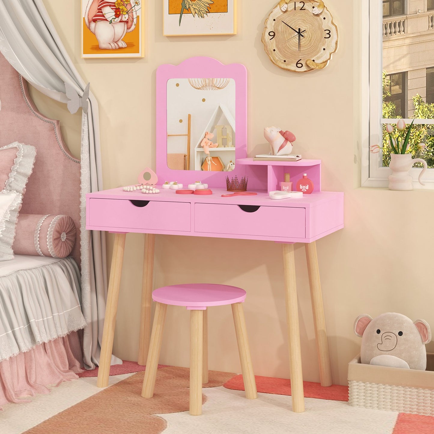 Kid Vanity Table Chair Set with Mirror and 2 Large Storage Drawers-Pink Kids Crystal