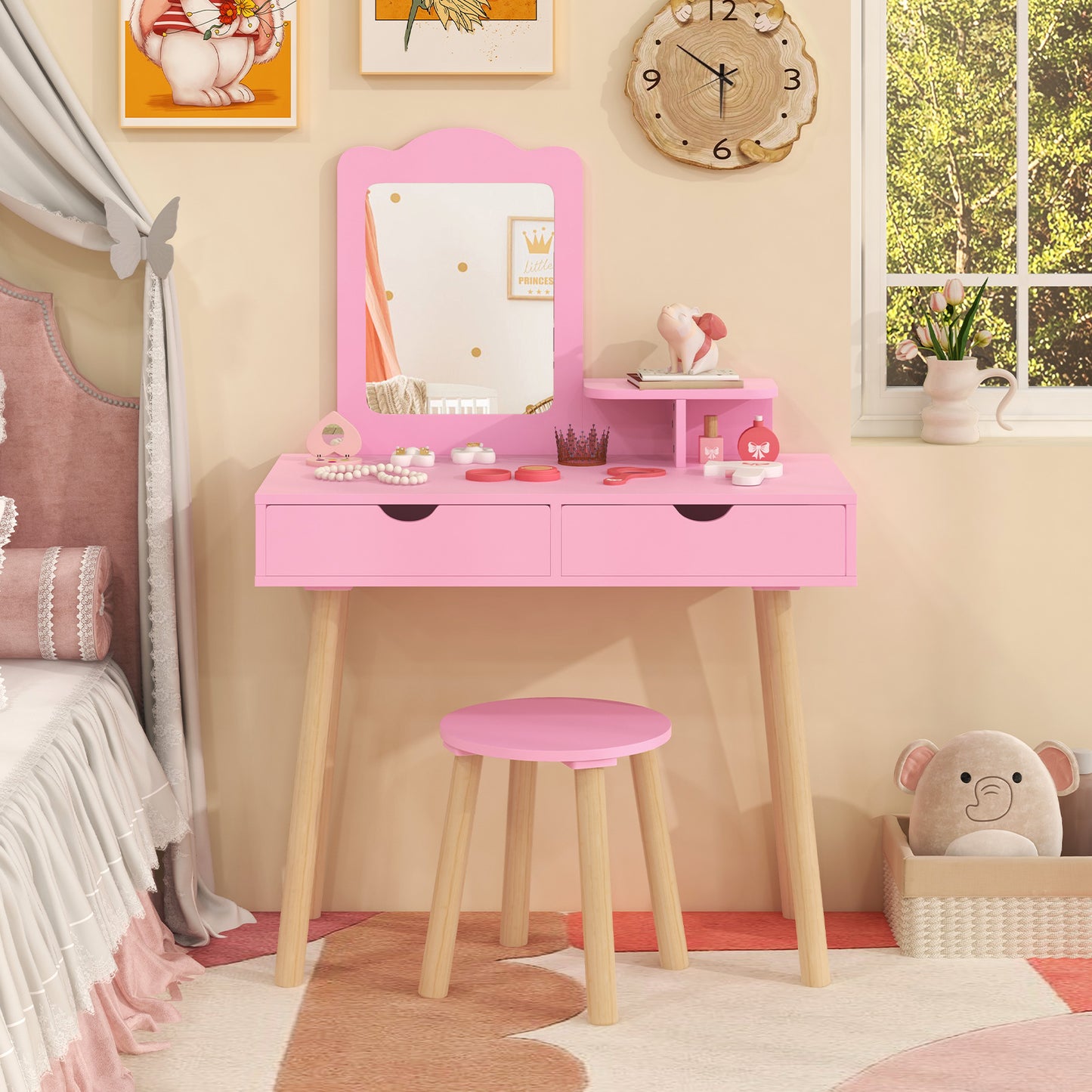 Kid Vanity Table Chair Set with Mirror and 2 Large Storage Drawers-Pink Kids Crystal