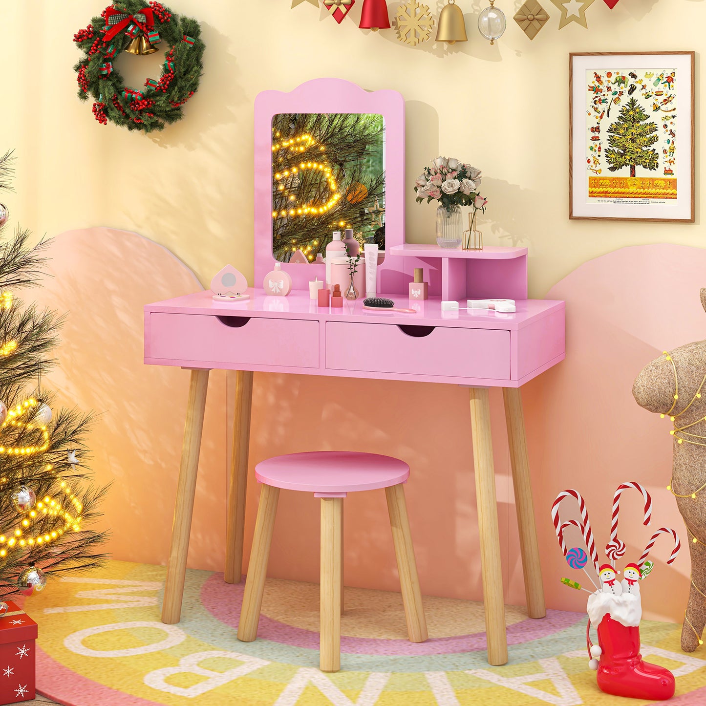 Kid Vanity Table Chair Set with Mirror and 2 Large Storage Drawers-Pink Kids Crystal