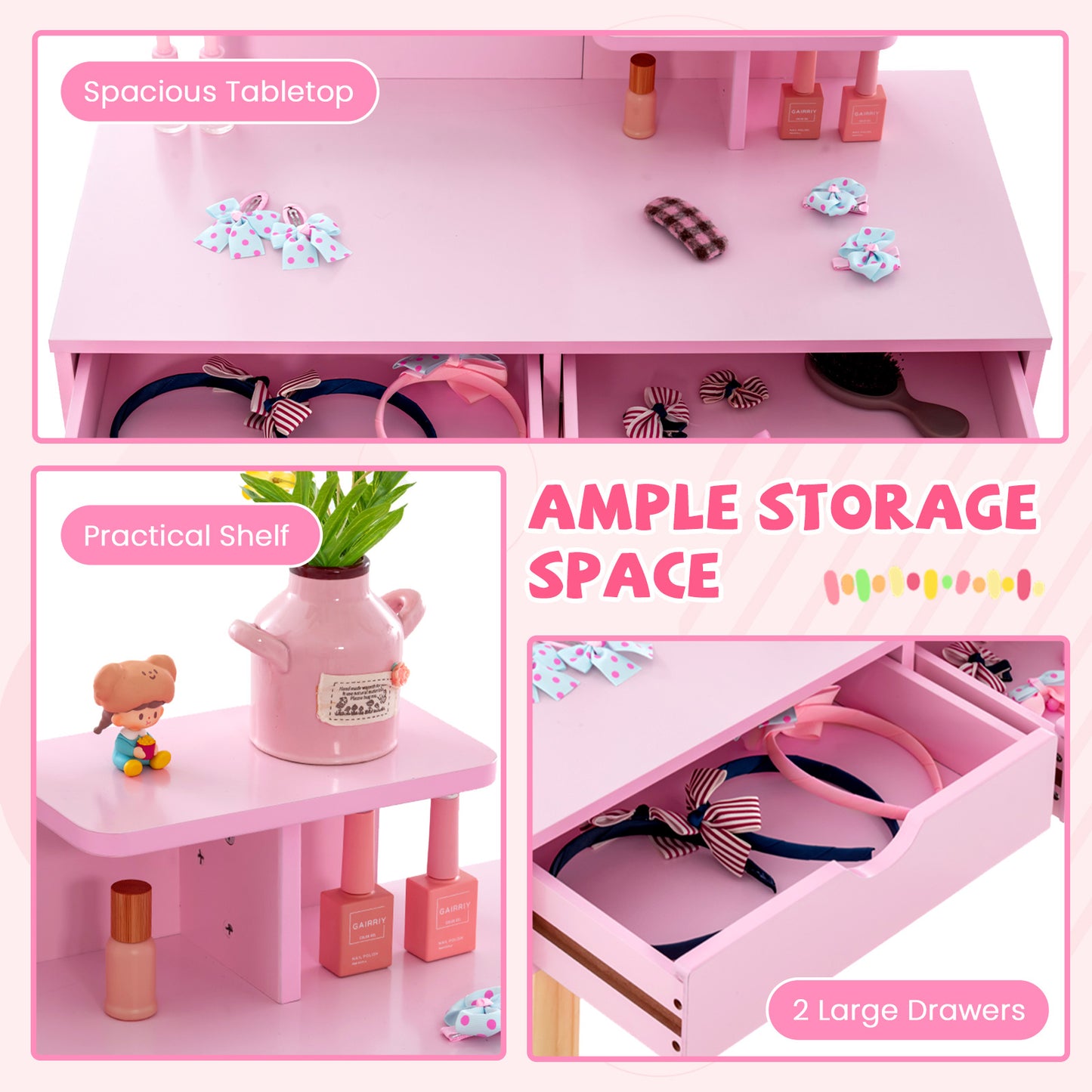 Kid Vanity Table Chair Set with Mirror and 2 Large Storage Drawers-Pink Kids Crystal