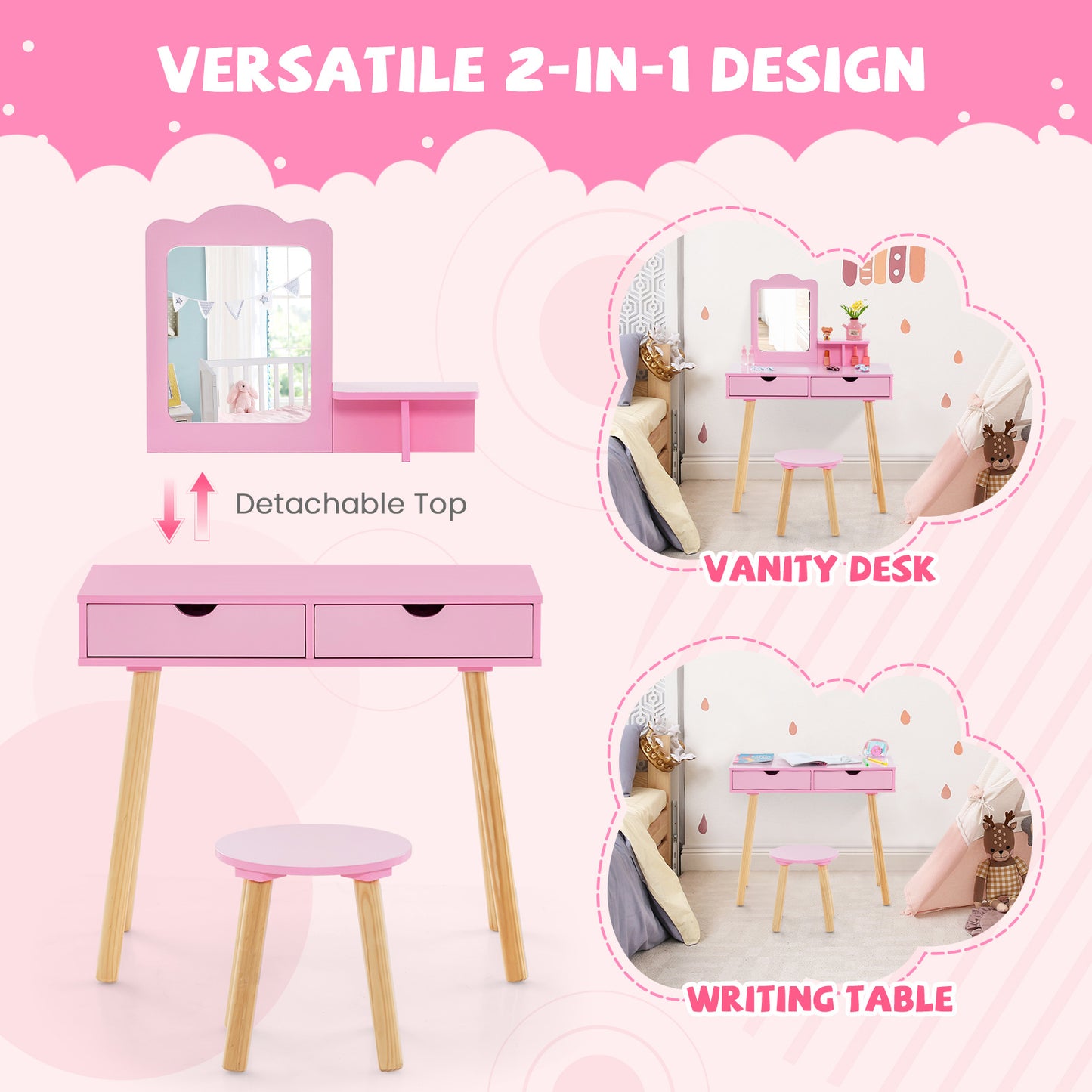 Kid Vanity Table Chair Set with Mirror and 2 Large Storage Drawers-Pink Kids Crystal