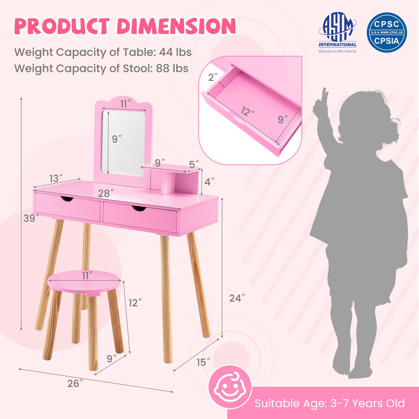 Kid Vanity Table Chair Set with Mirror and 2 Large Storage Drawers-Pink Kids Crystal