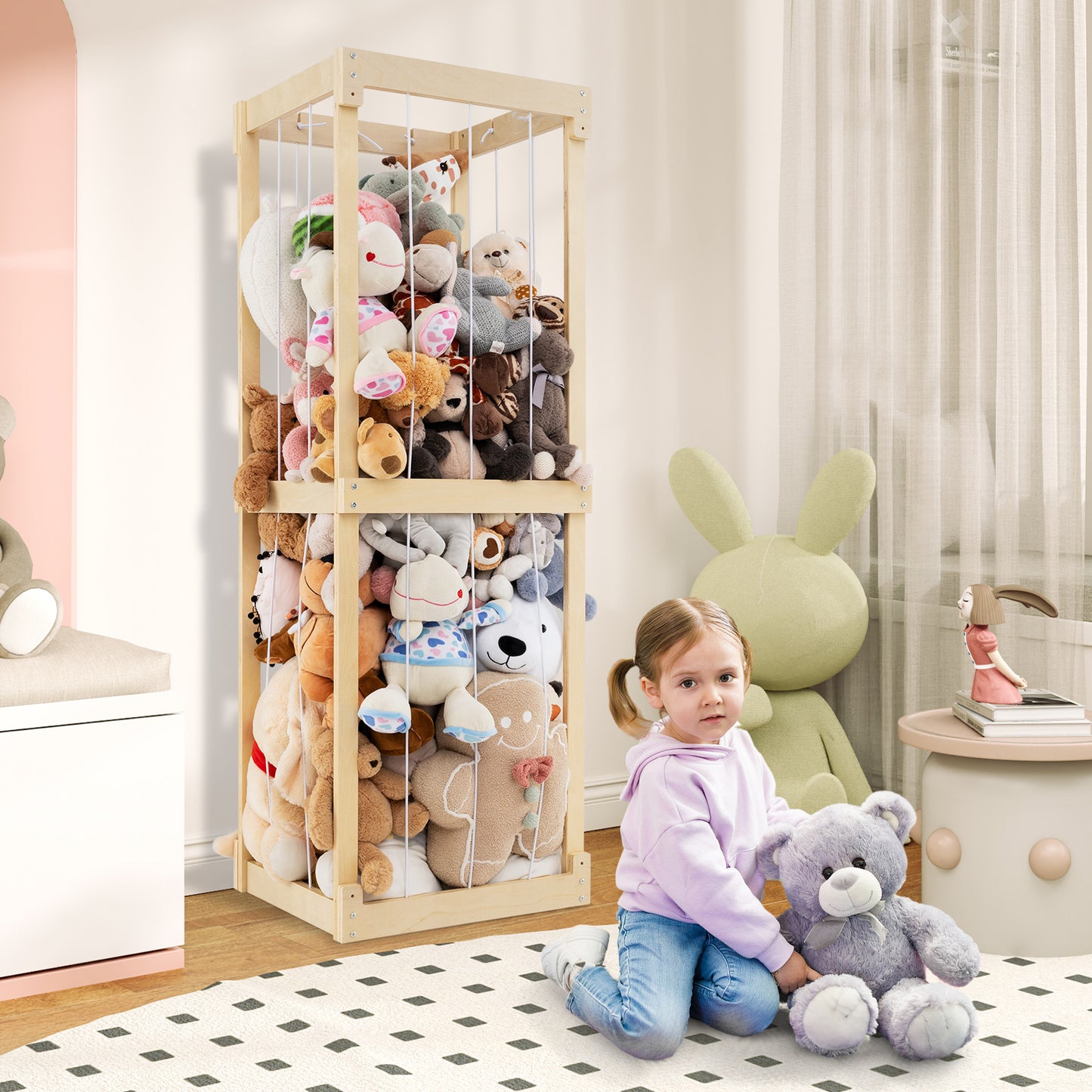 300L Large Stuffed Animal Storage with Open Top and Elastic Cords-Natural Kids Crystal