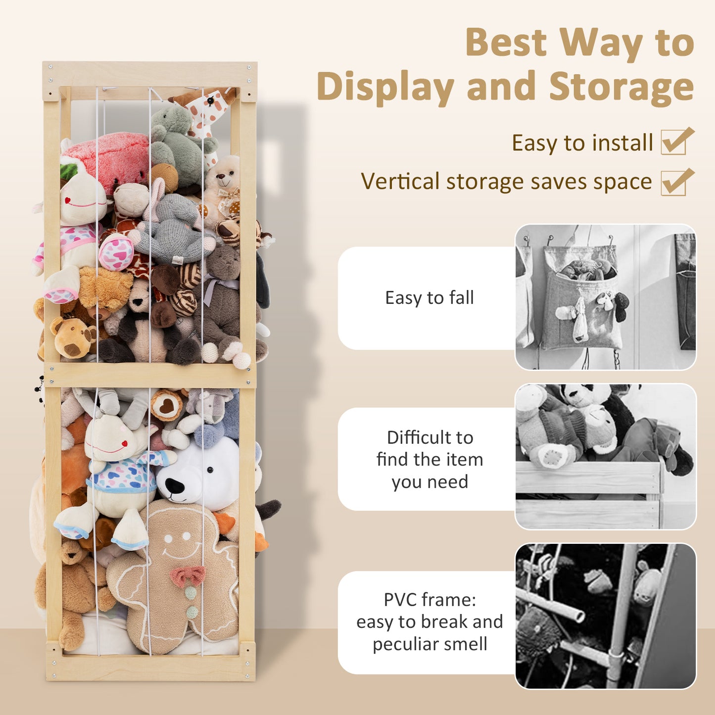 300L Large Stuffed Animal Storage with Open Top and Elastic Cords-Natural Kids Crystal
