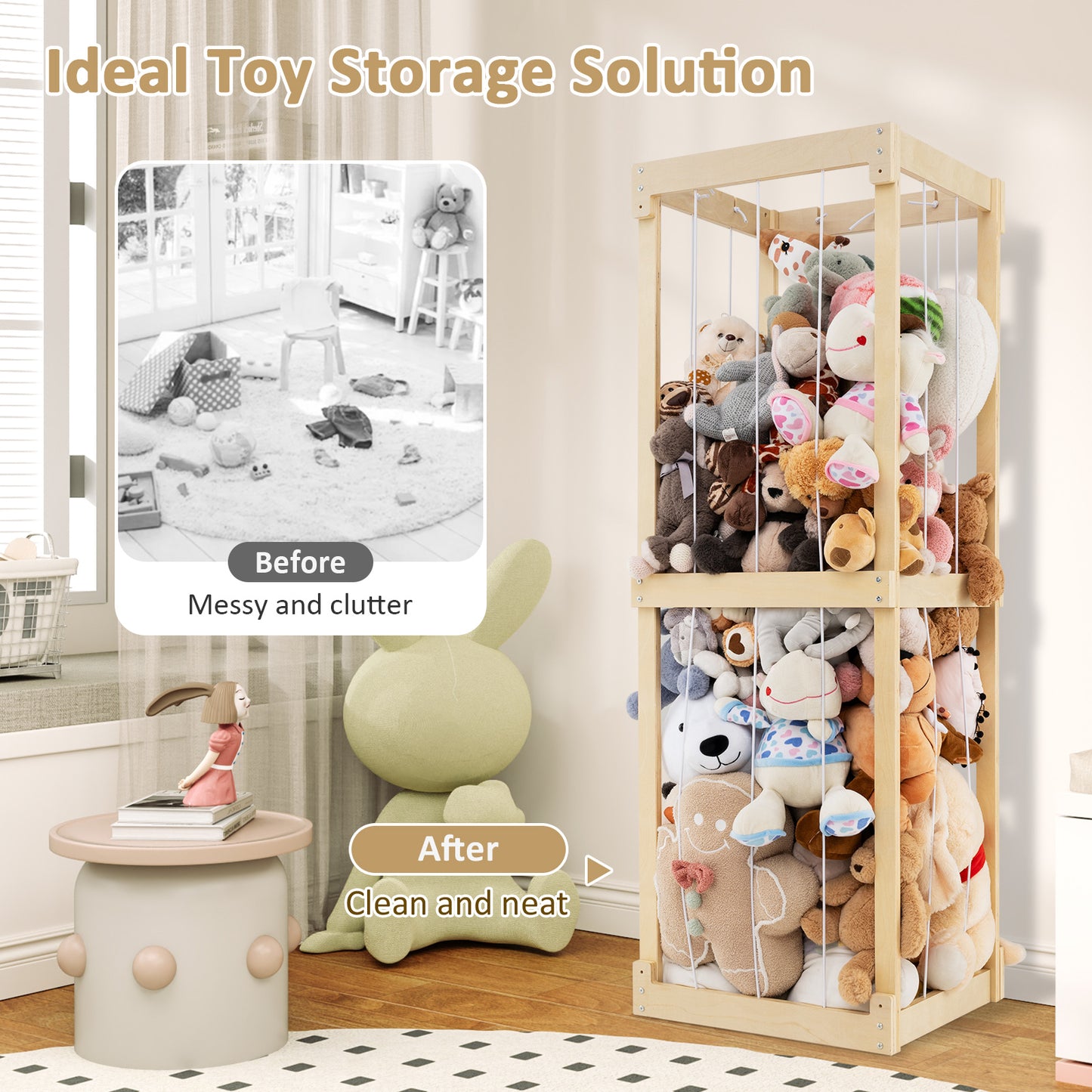 300L Large Stuffed Animal Storage with Open Top and Elastic Cords-Natural Kids Crystal