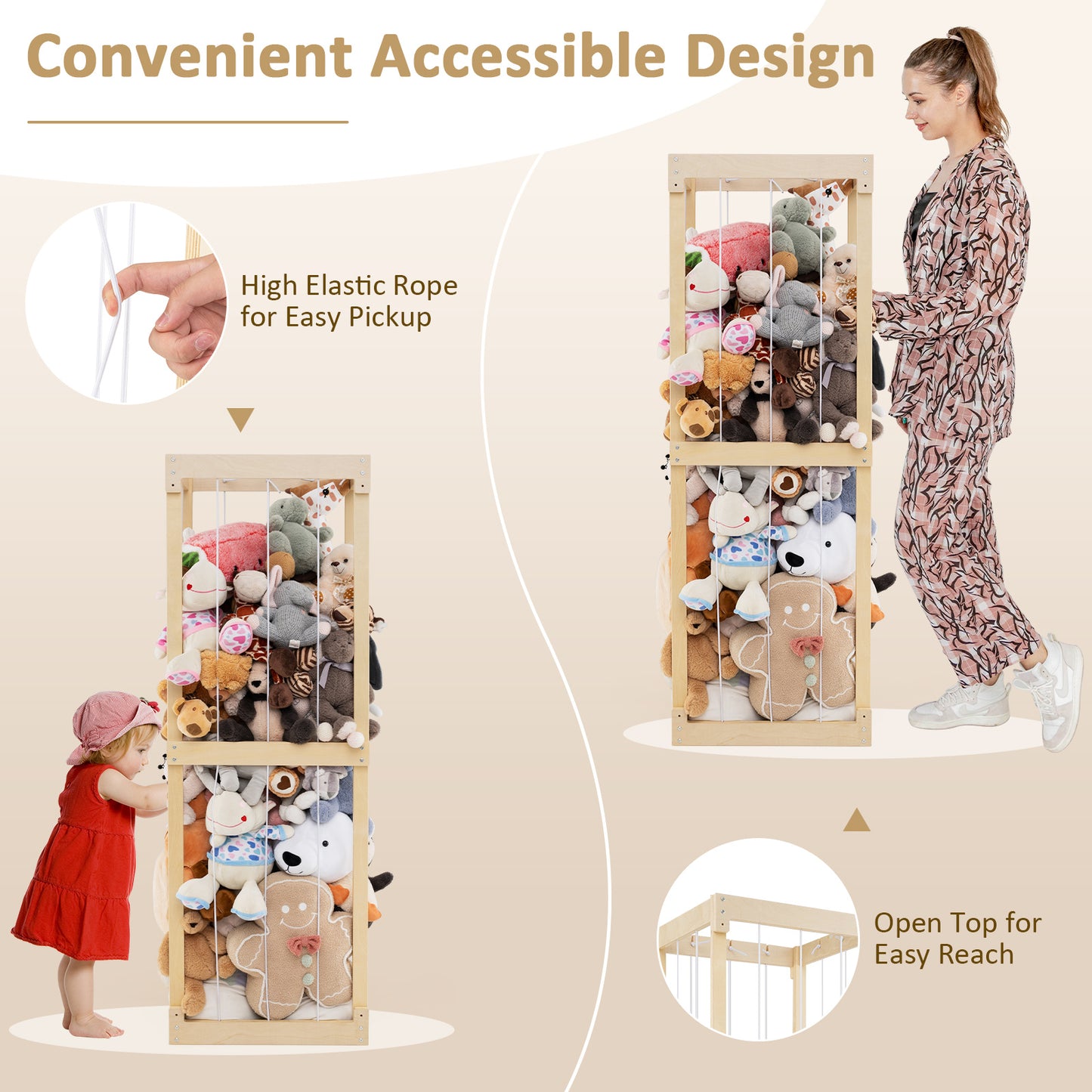 300L Large Stuffed Animal Storage with Open Top and Elastic Cords-Natural Kids Crystal