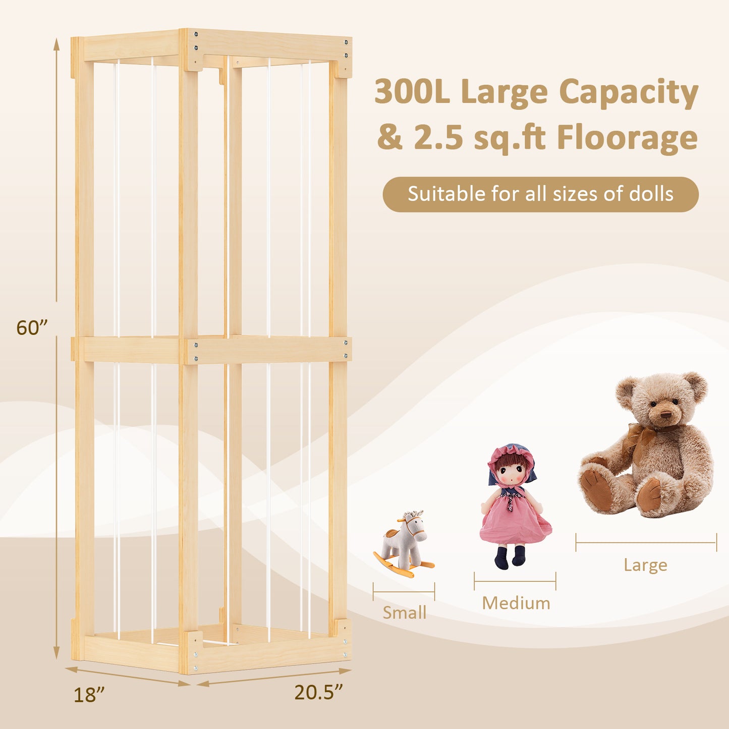 300L Large Stuffed Animal Storage with Open Top and Elastic Cords-Natural Kids Crystal