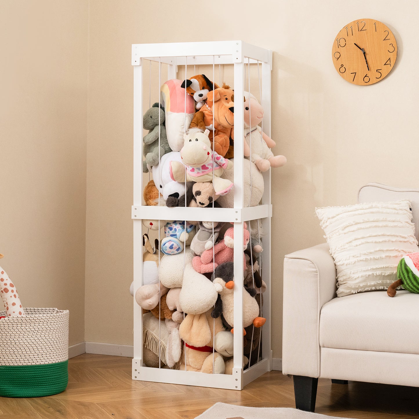 300L Large Stuffed Animal Storage with Open Top and Elastic Cords-White Kids Crystal