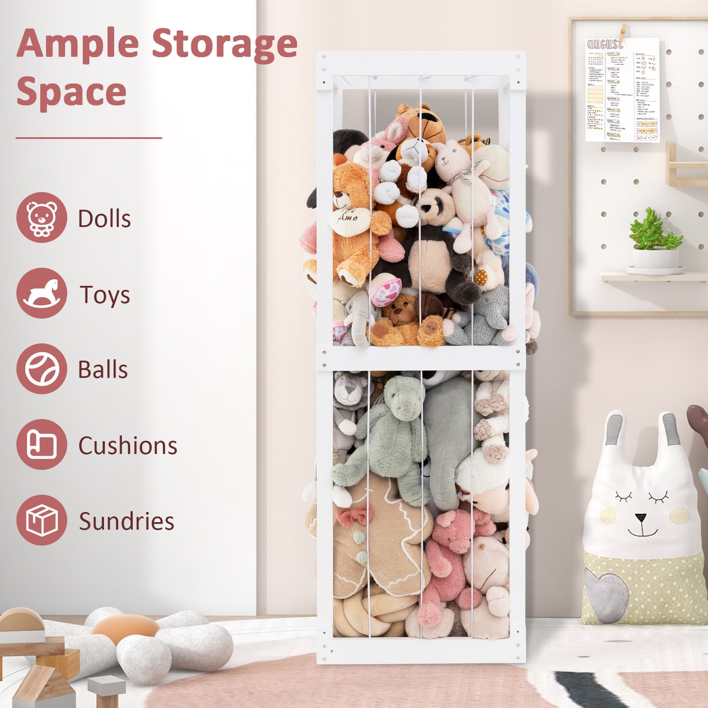 300L Large Stuffed Animal Storage with Open Top and Elastic Cords-White Kids Crystal