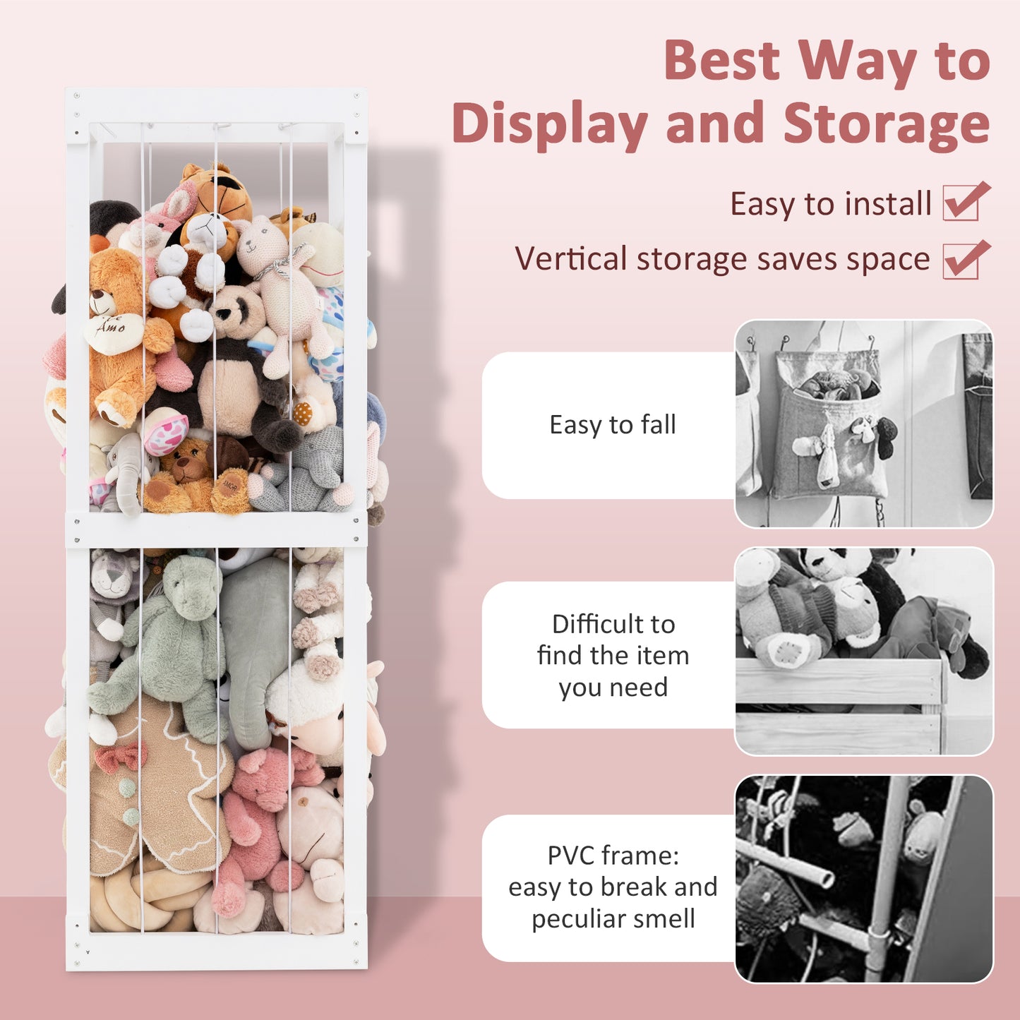 300L Large Stuffed Animal Storage with Open Top and Elastic Cords-White Kids Crystal