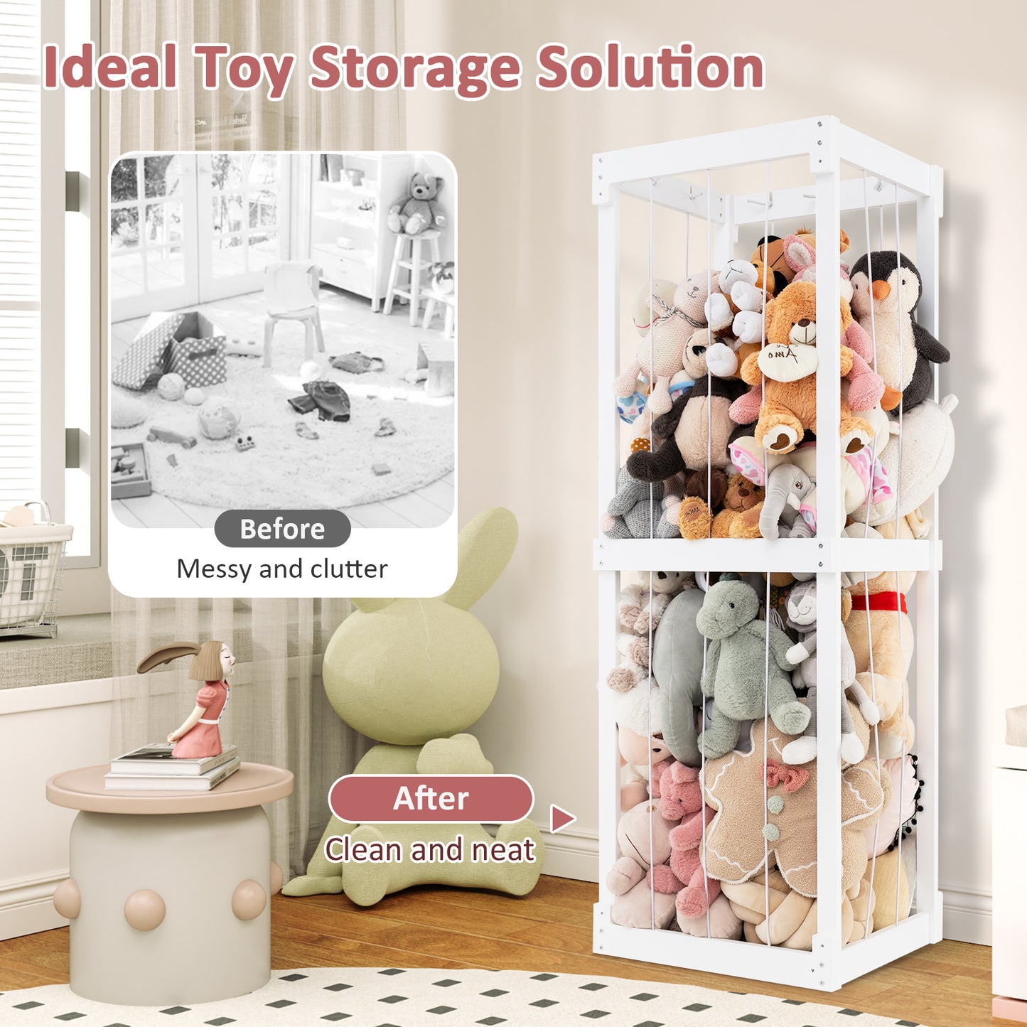 300L Large Stuffed Animal Storage with Open Top and Elastic Cords-White Kids Crystal