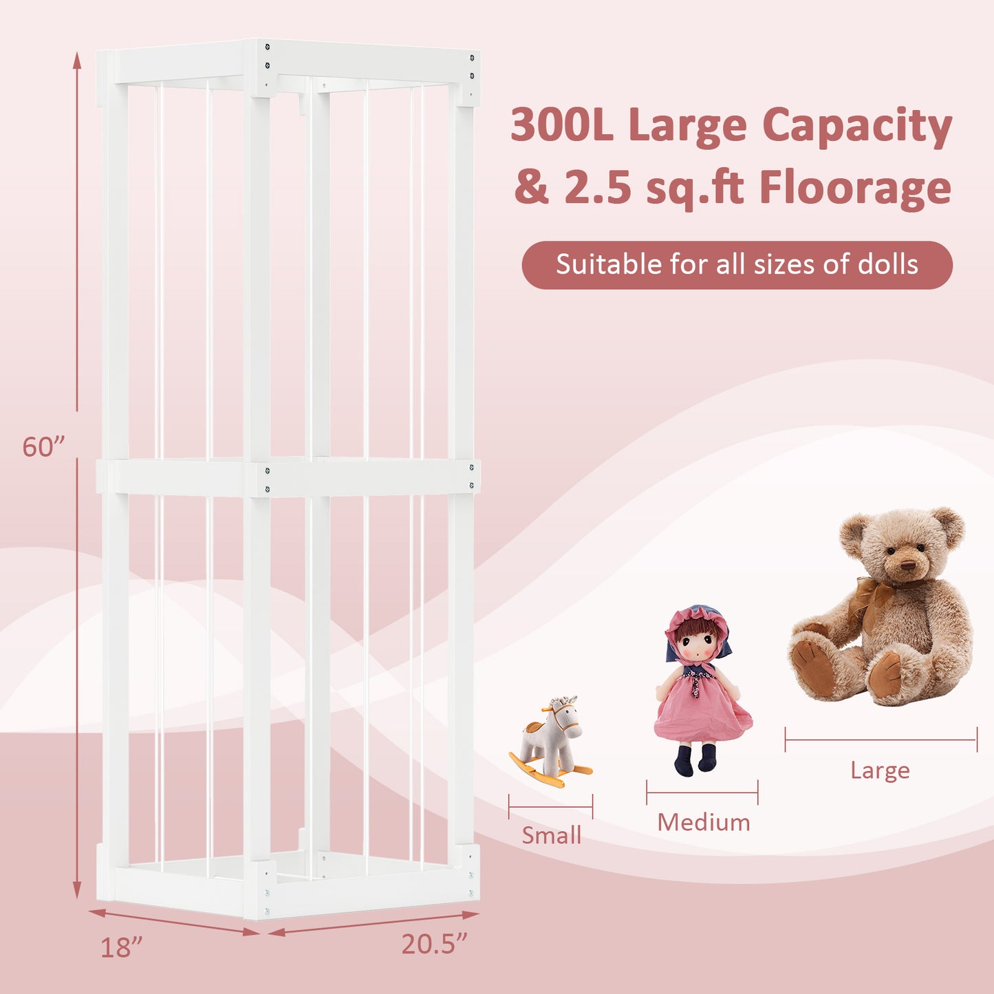 300L Large Stuffed Animal Storage with Open Top and Elastic Cords-White Kids Crystal