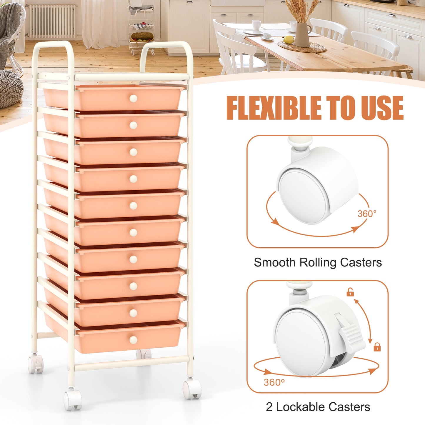 10 Drawer Rolling Storage Cart Organizer with 4 Universal Casters-Cherry Kids Crystal