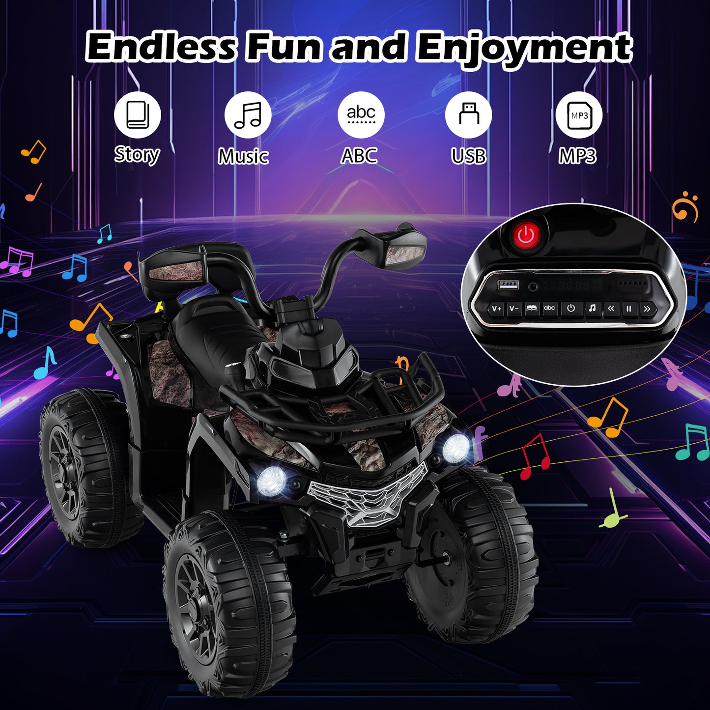 12V Kids Ride On ATV 4 Wheeler with MP3 and Headlights-Solid Black
