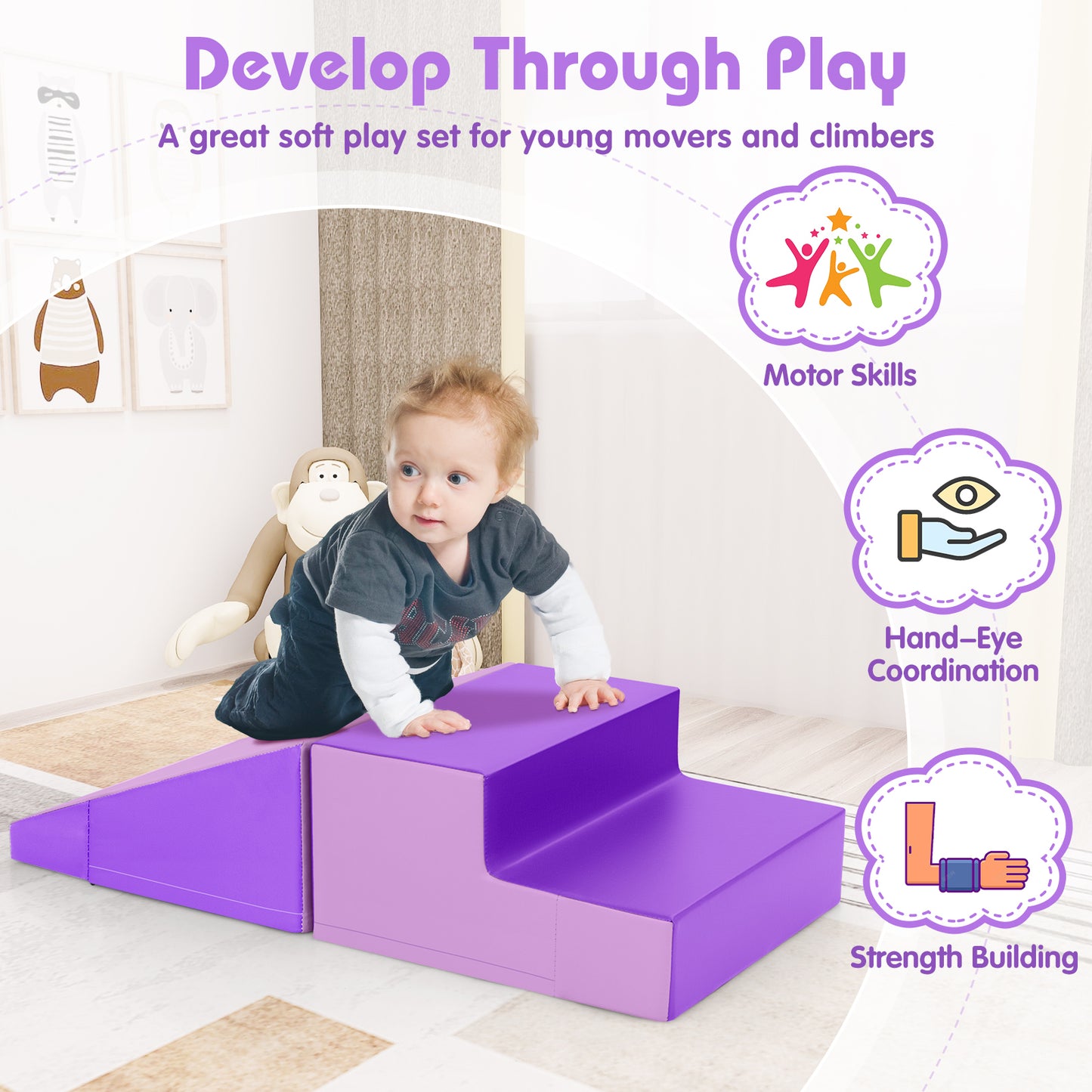 2-Piece Step and Slide Climber for Infants and Toddlers Baby Soft Play Set Foam Blocks-Purple Kids Crystal