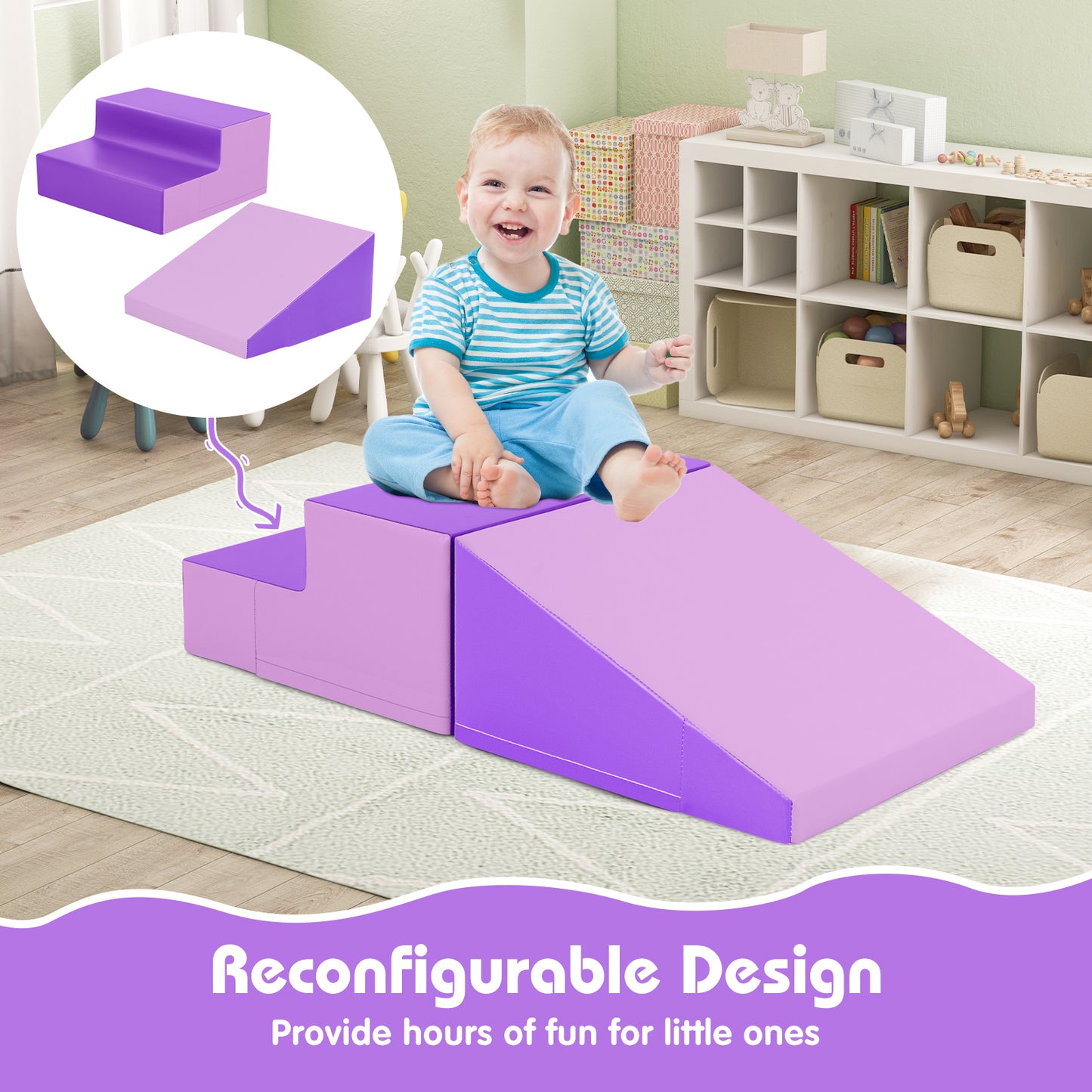 2-Piece Step and Slide Climber for Infants and Toddlers Baby Soft Play Set Foam Blocks-Purple Kids Crystal