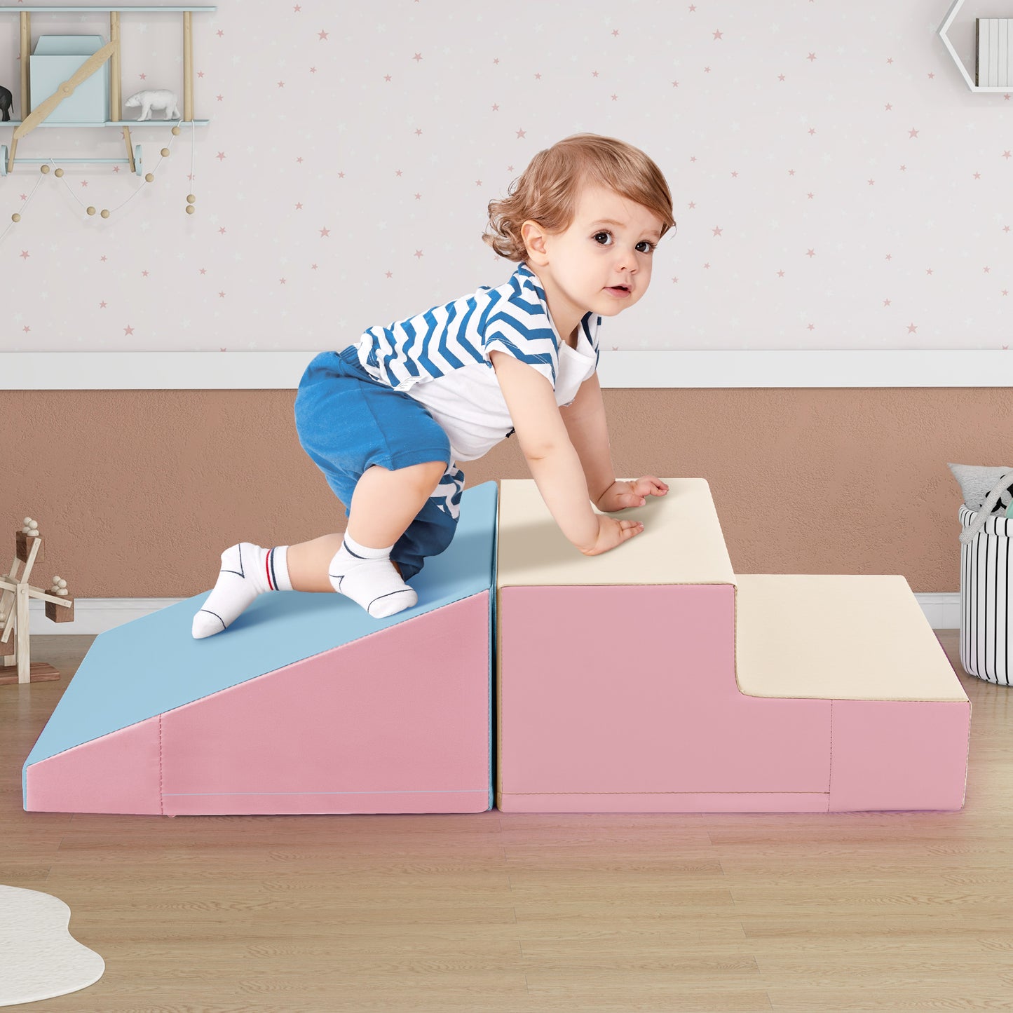 2-Piece Step and Slide Climber for Infants and Toddlers Baby Soft Play Set Foam Blocks-Pink & Blue Kids Crystal