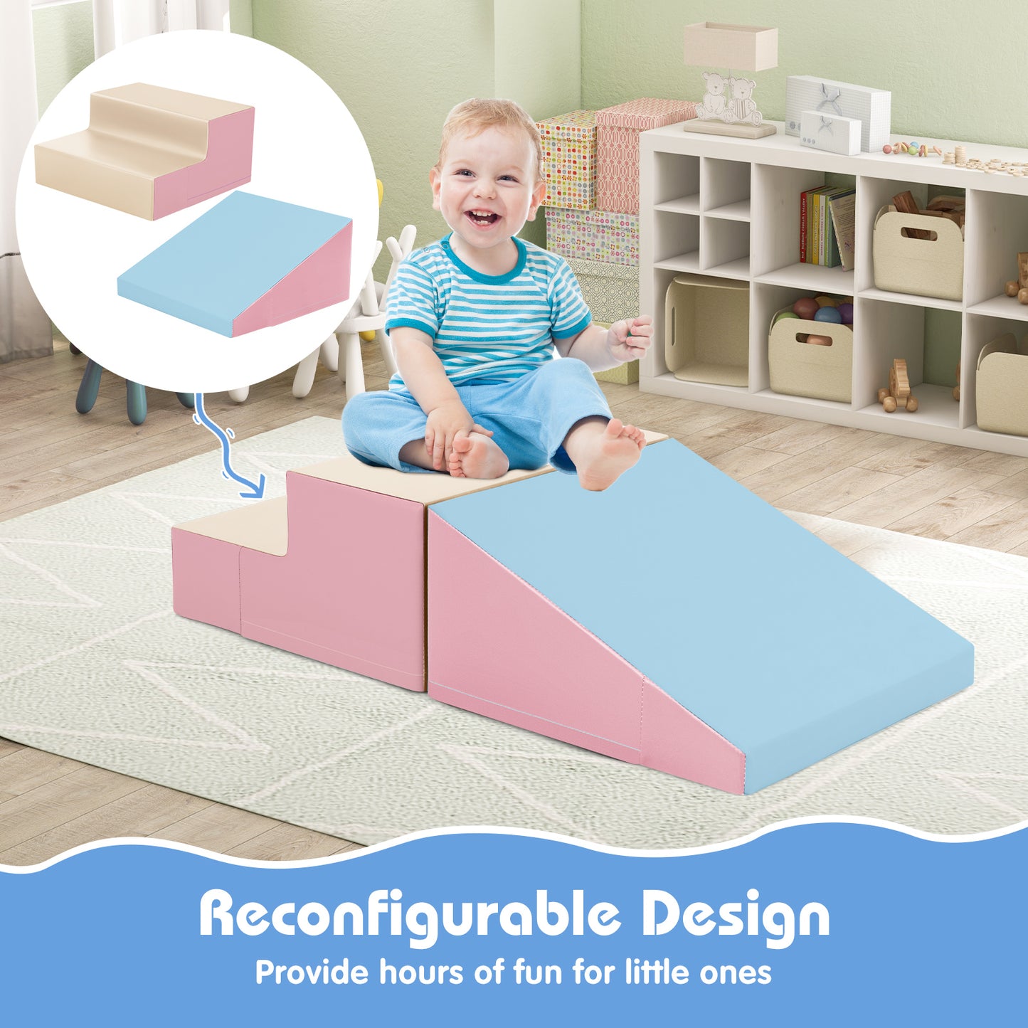 2-Piece Step and Slide Climber for Infants and Toddlers Baby Soft Play Set Foam Blocks-Pink & Blue Kids Crystal