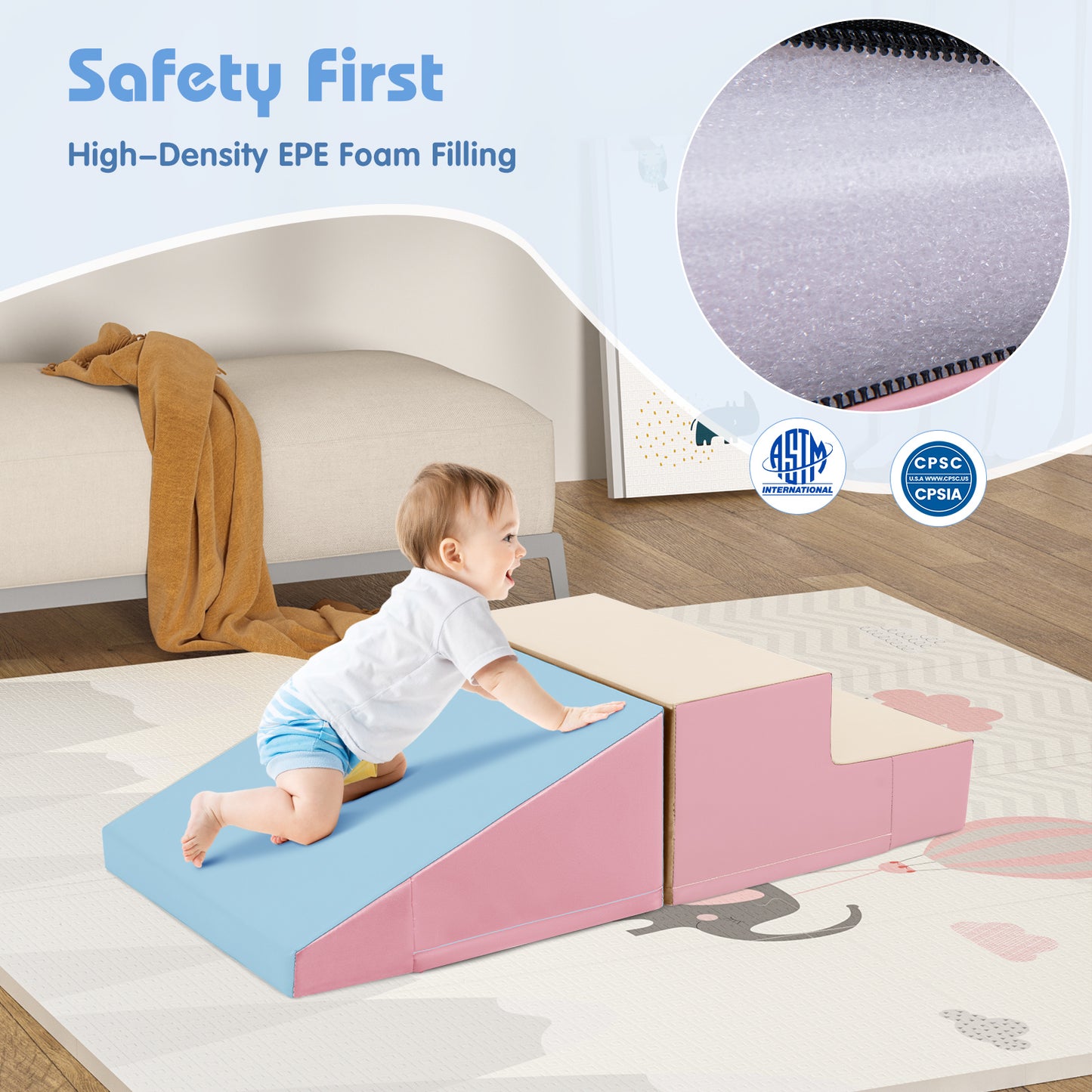 2-Piece Step and Slide Climber for Infants and Toddlers Baby Soft Play Set Foam Blocks-Pink & Blue Kids Crystal