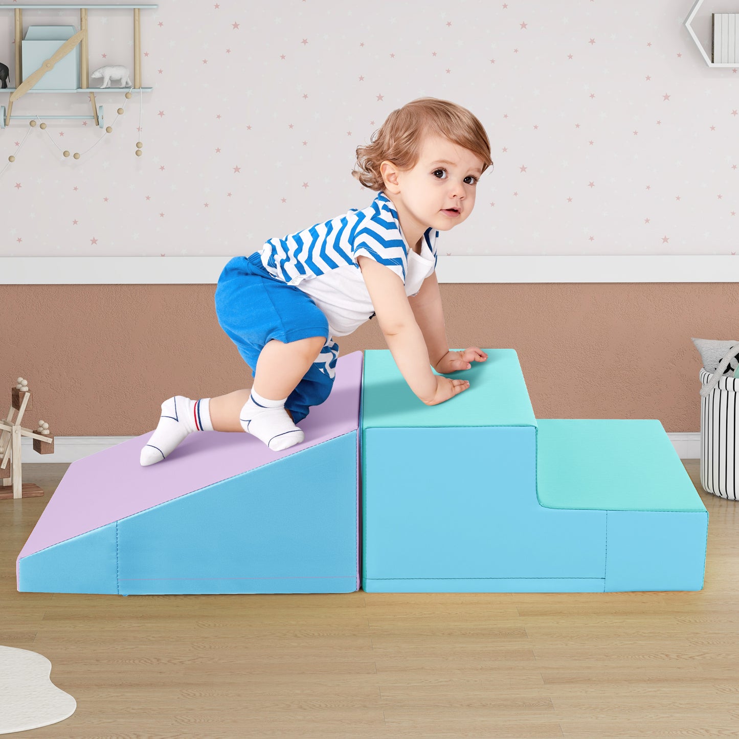 2-Piece Step and Slide Climber for Infants and Toddlers Baby Soft Play Set Foam Blocks-Blue Kids Crystal