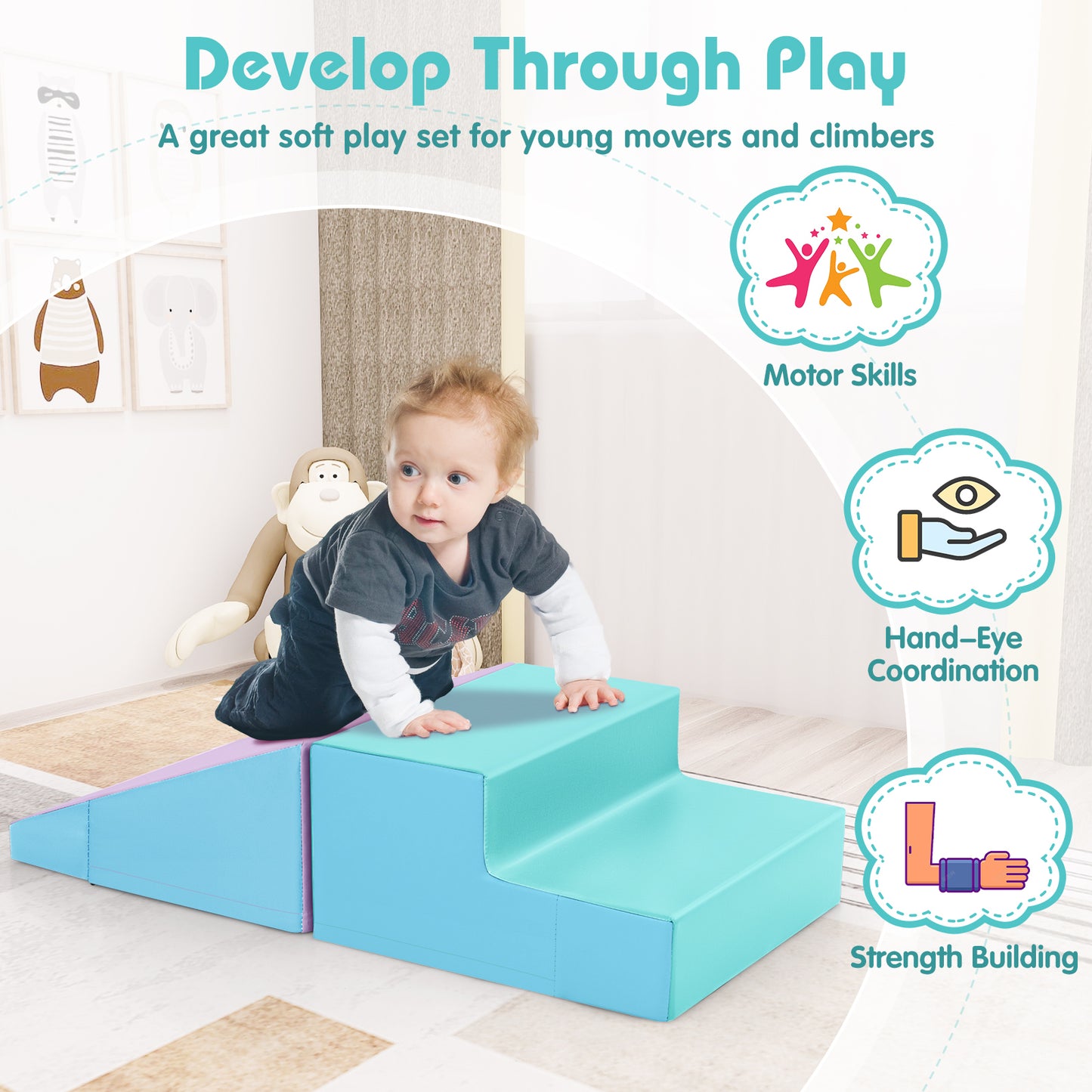 2-Piece Step and Slide Climber for Infants and Toddlers Baby Soft Play Set Foam Blocks-Blue Kids Crystal