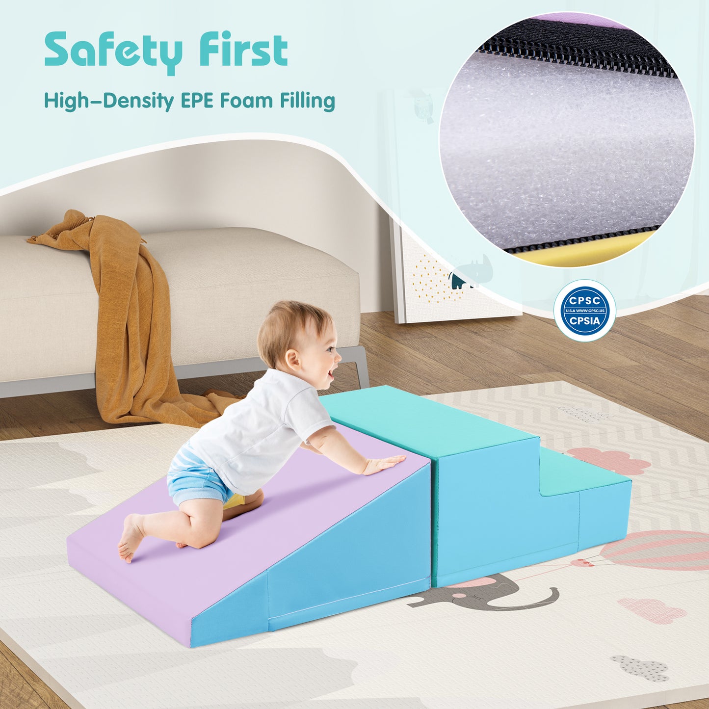 2-Piece Step and Slide Climber for Infants and Toddlers Baby Soft Play Set Foam Blocks-Blue Kids Crystal