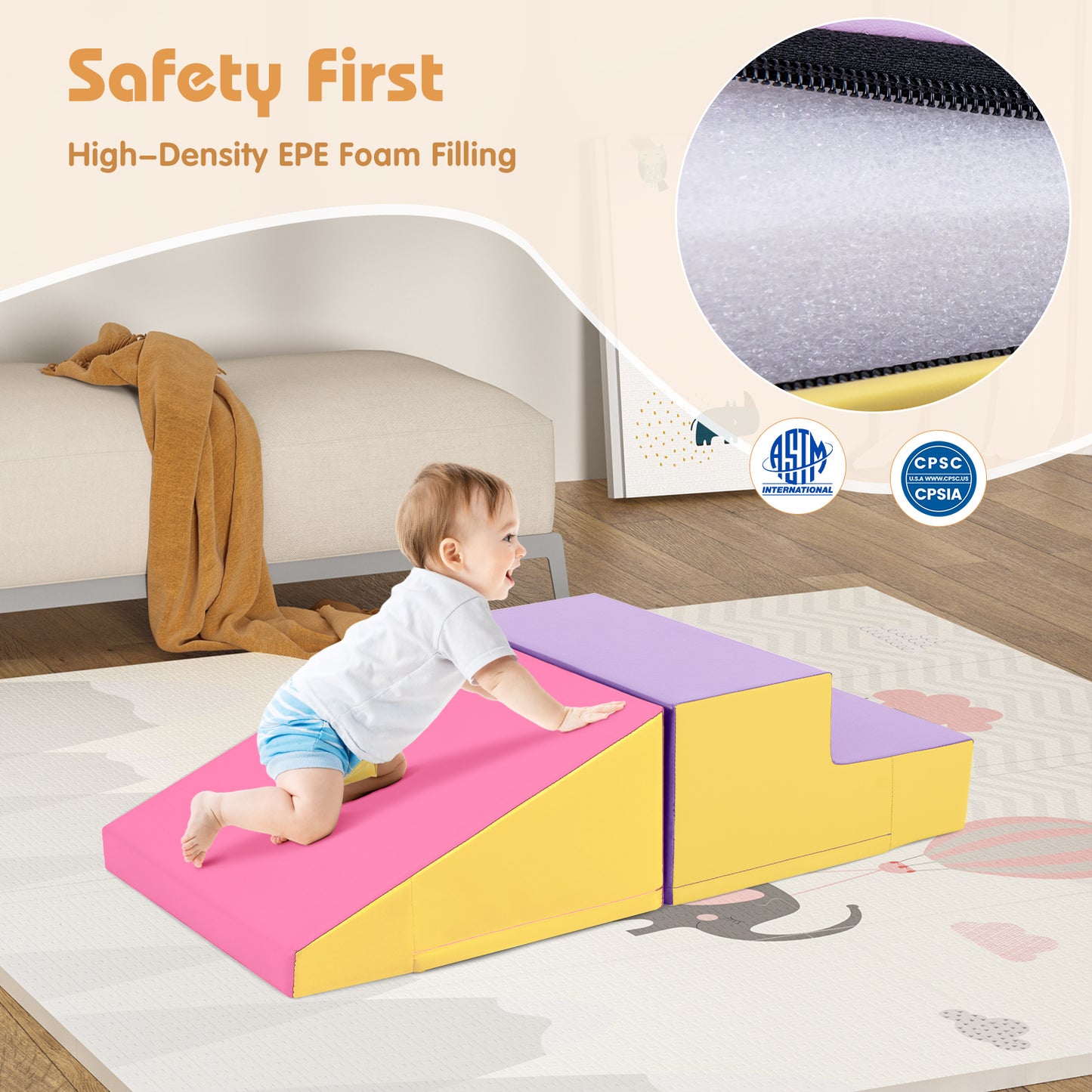 2-Piece Step and Slide Climber for Infants and Toddlers Baby Soft Play Set Foam Blocks-Yellow Kids Crystal