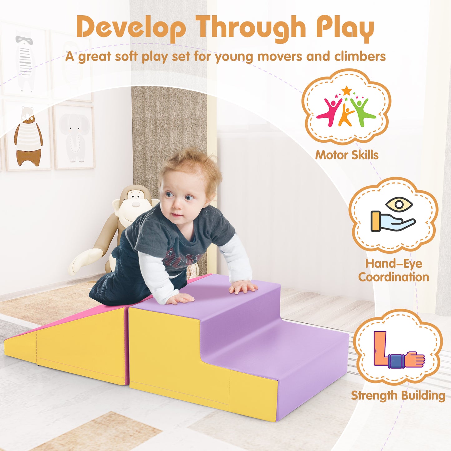 2-Piece Step and Slide Climber for Infants and Toddlers Baby Soft Play Set Foam Blocks-Yellow Kids Crystal
