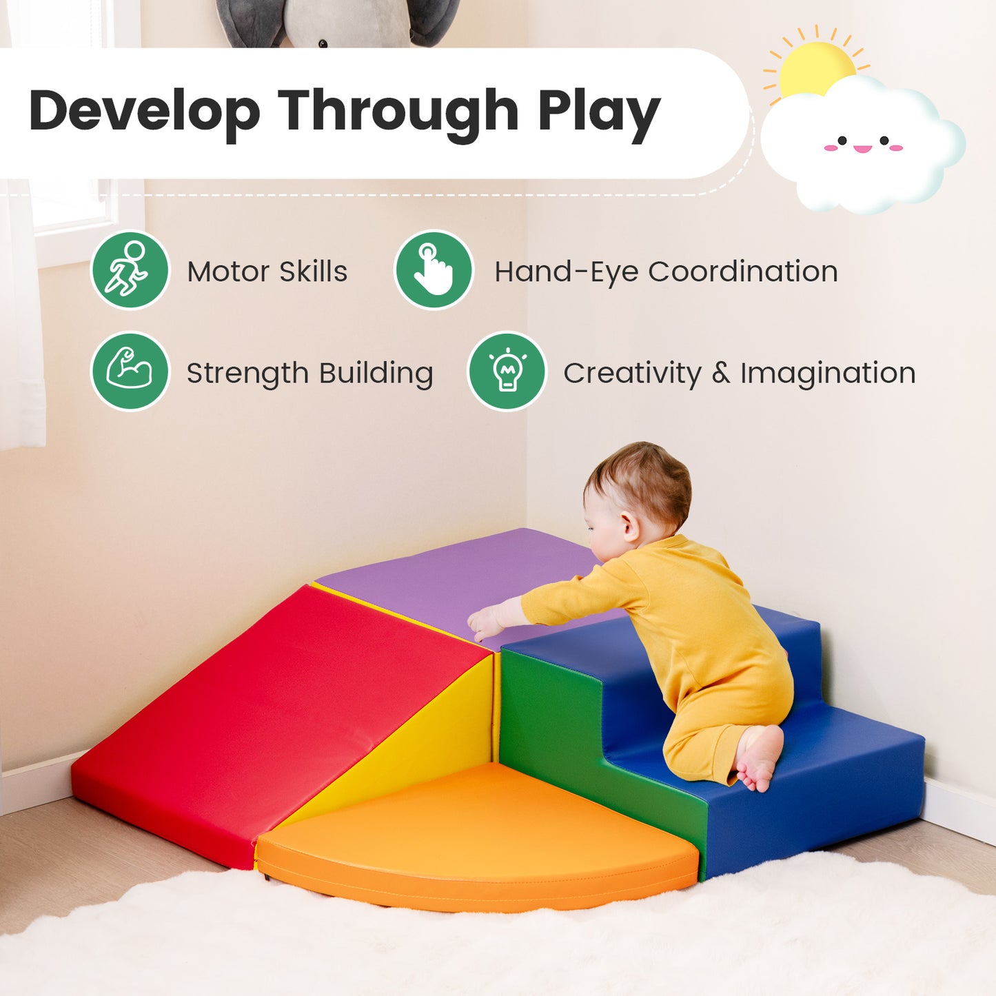 4-Piece Climb and Crawl Foam Block Play Set for Infant Baby-Red Kids Crystal