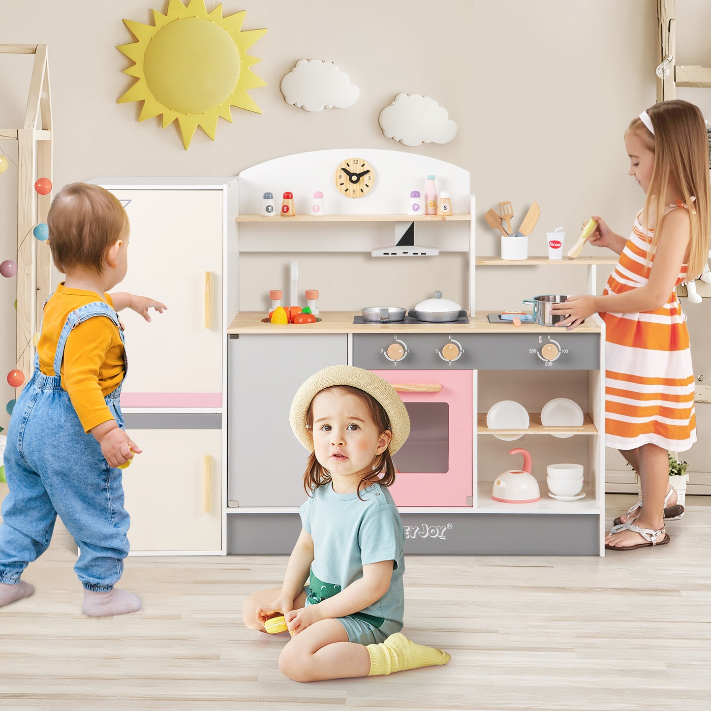 Kids Play Kitchen Set with Realistic Range Hood and Refrigerator Kids Crystal