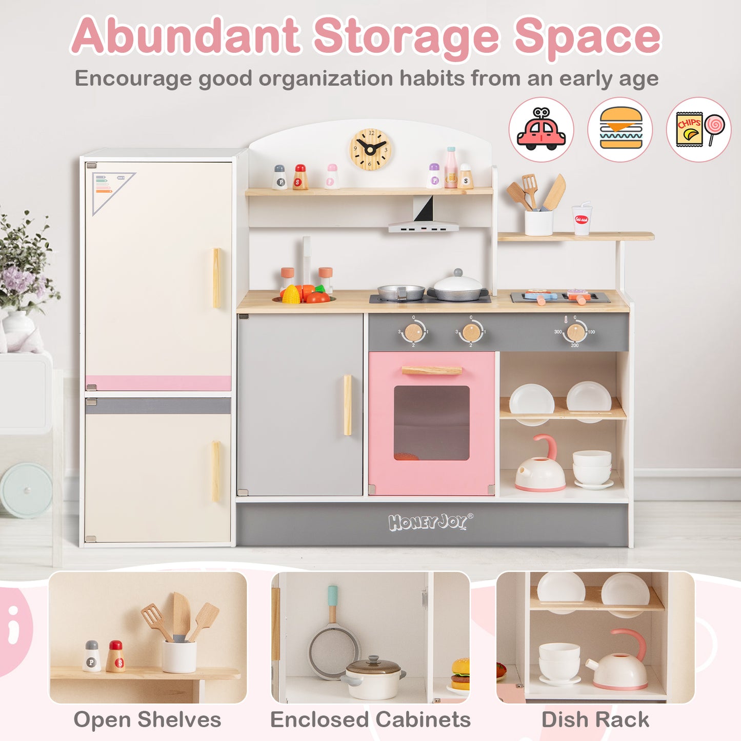 Kids Play Kitchen Set with Realistic Range Hood and Refrigerator Kids Crystal