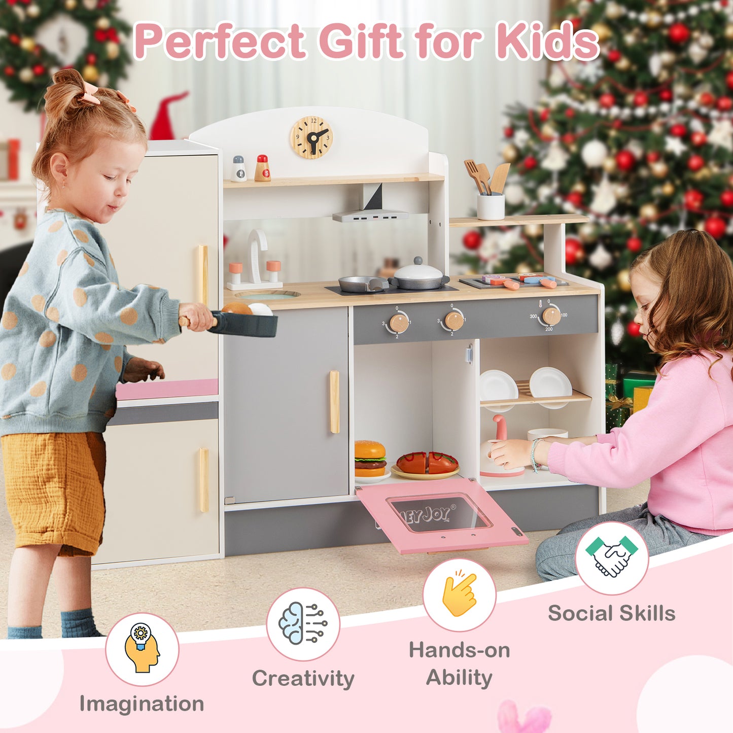 Kids Play Kitchen Set with Realistic Range Hood and Refrigerator Kids Crystal