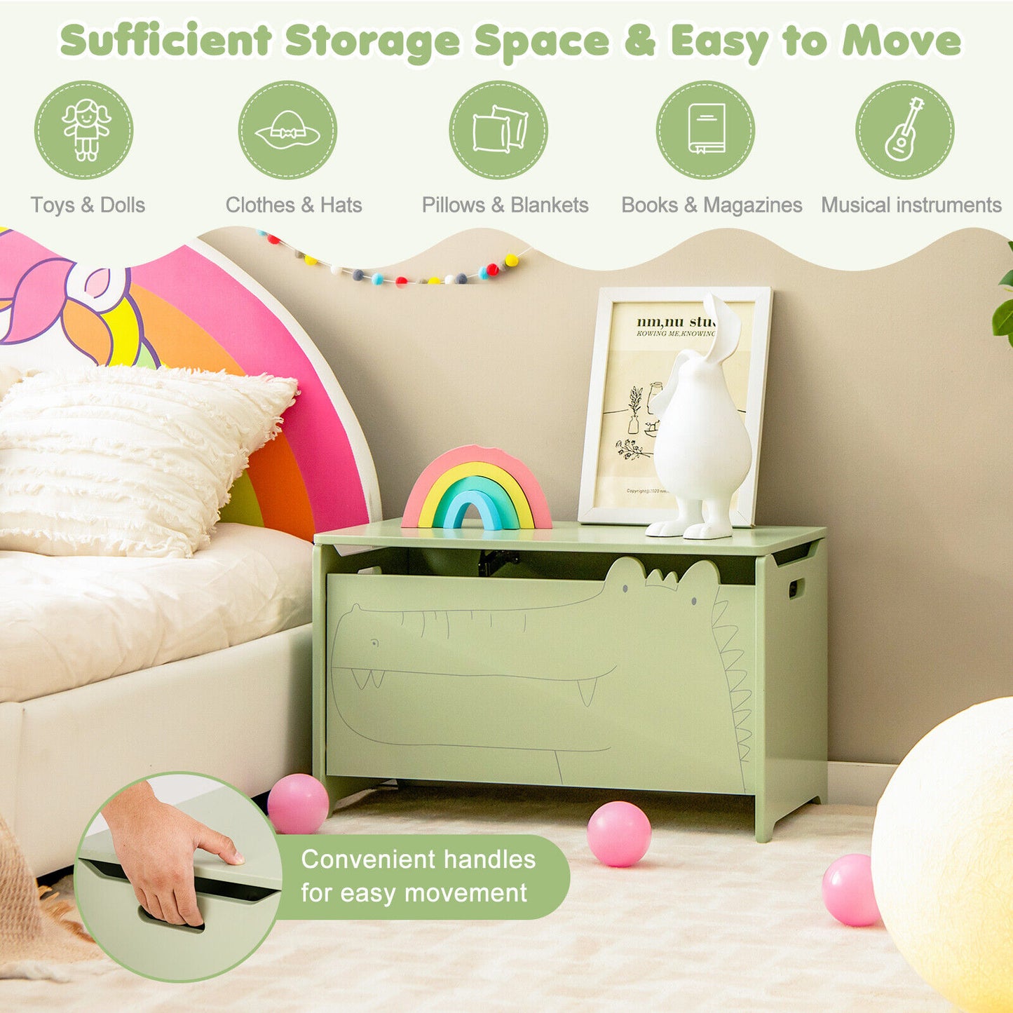 Wooden Kids Toy Box with Safety Hinge-Green Kids Crystal