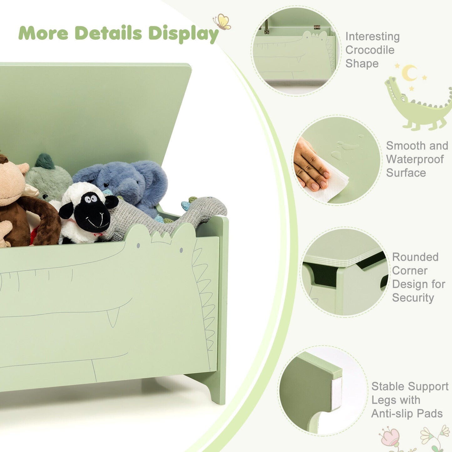 Wooden Kids Toy Box with Safety Hinge-Green Kids Crystal