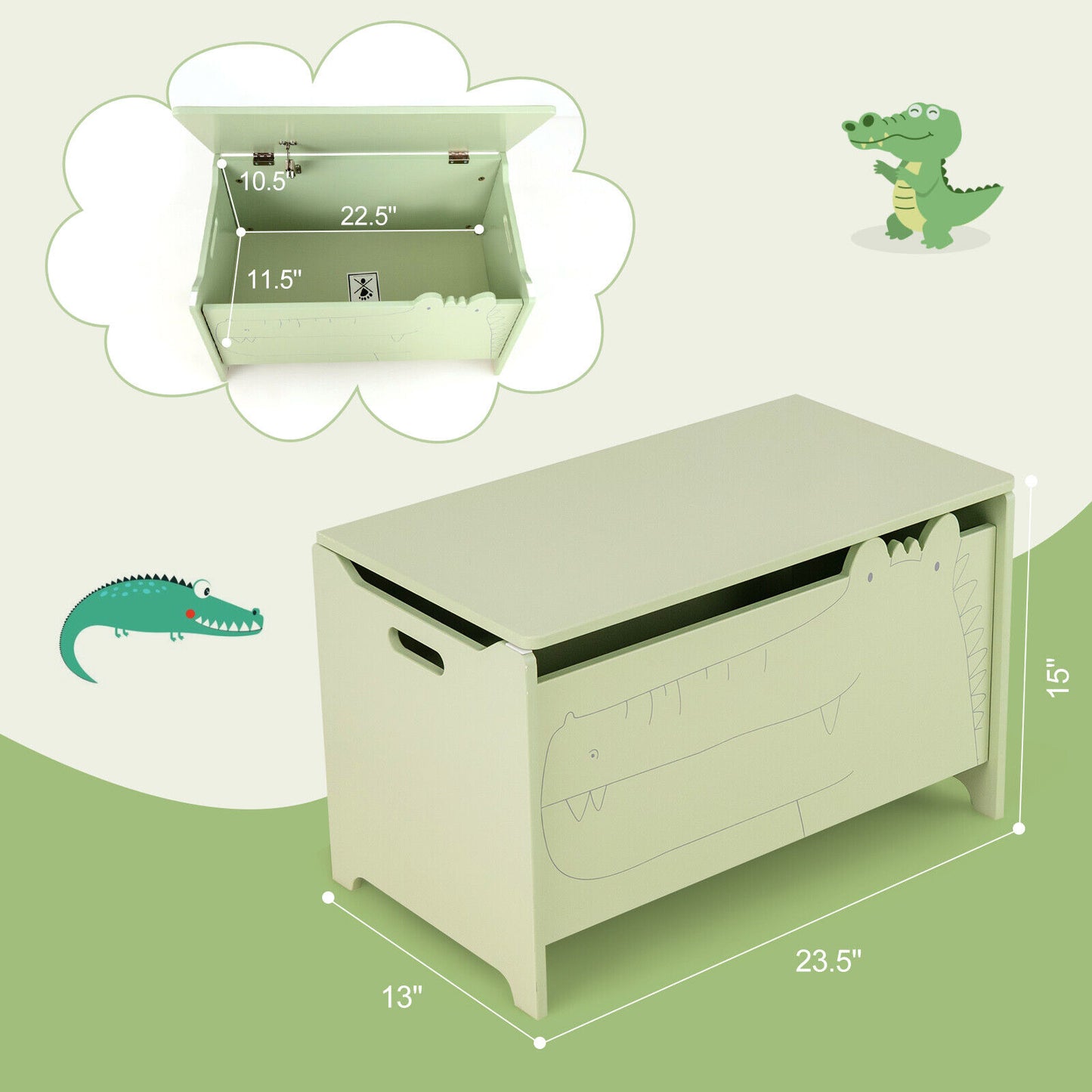 Wooden Kids Toy Box with Safety Hinge-Green Kids Crystal