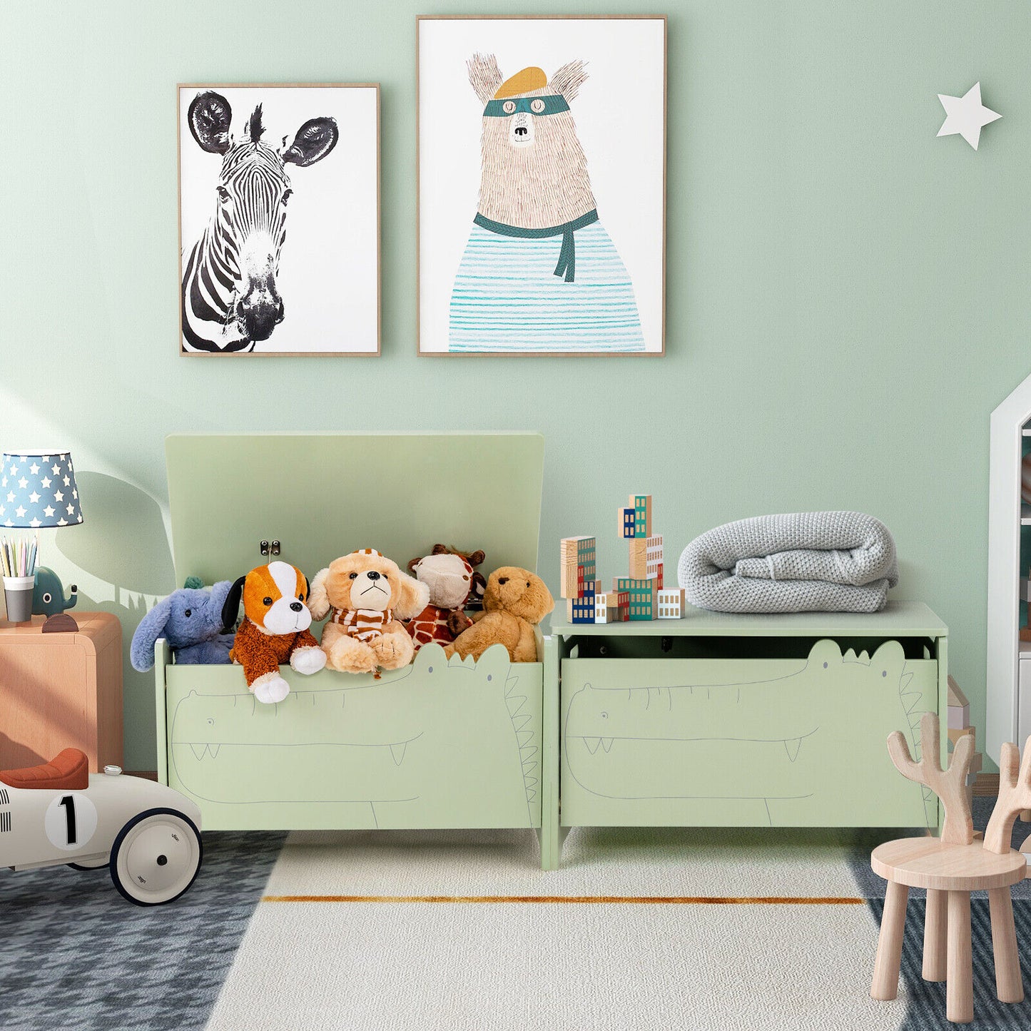 Wooden Kids Toy Box with Safety Hinge-Green Kids Crystal