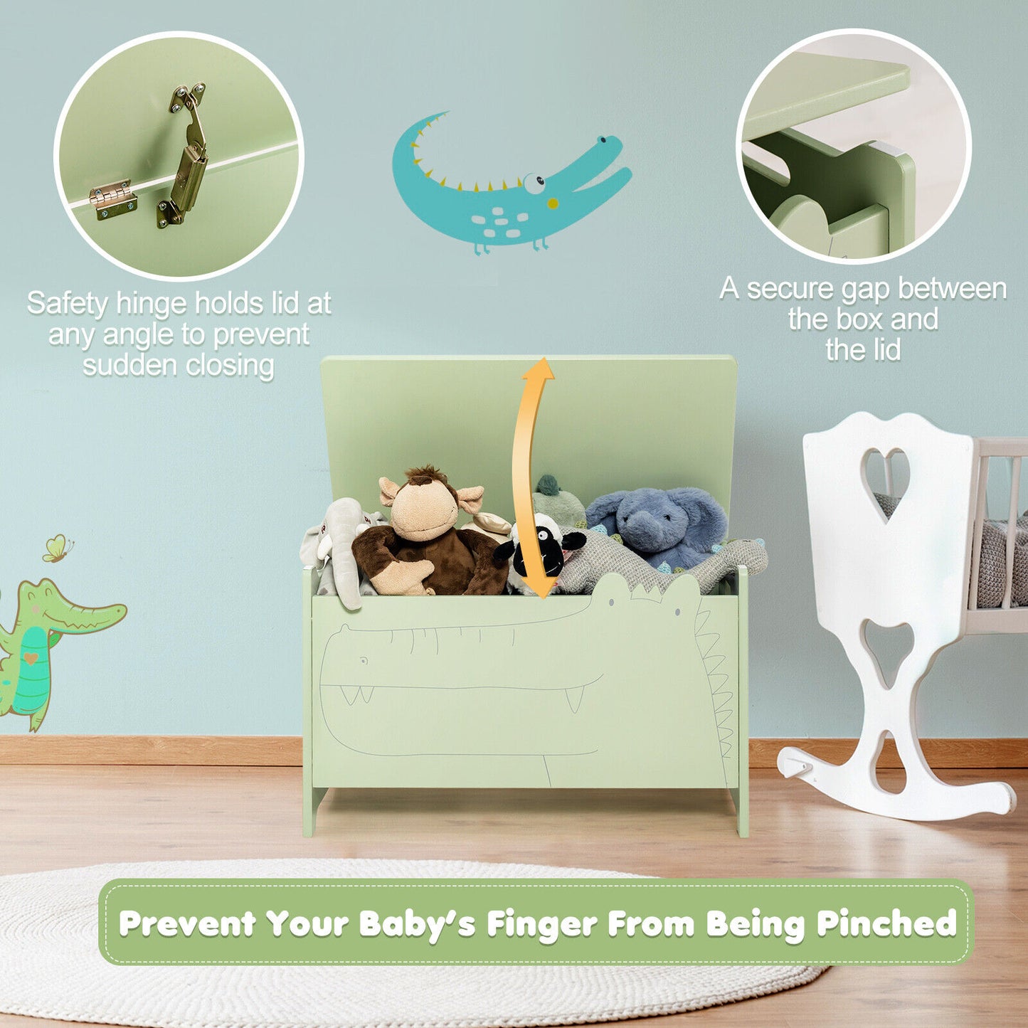 Wooden Kids Toy Box with Safety Hinge-Green Kids Crystal